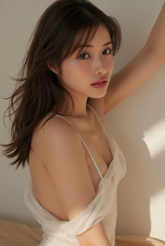 studio light, depth of field, upper body, slender, cute face, smile, beautiful details eyes, 19yo japanese, pretty, Voluminous curls with warm blonde color, Plaza, casual, nipple slip
