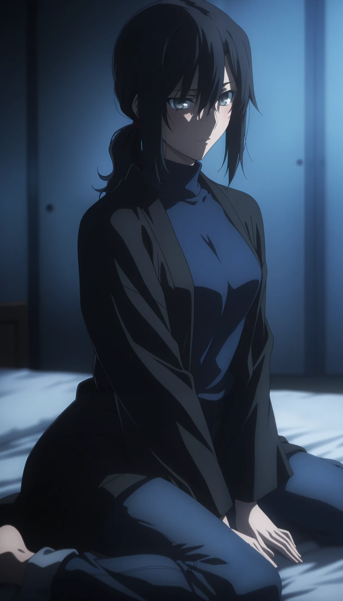 masterpiece, best quality, amazing quality, highres, absurdres, very aesthetic, high resolution, ultra detailed, perfect details, midnight, , upper body, indoors, ufotable style, ((blue hour)), (from side),
1girl, solo, ufotable style, anime style, (anime coloring:1.5), (anime screencap:1.2) ,(aged up:1.4),
girl, mature, slim body, slender body, ,Fate Grand Order, fate, Fate Grand Order, medium hair, (straight hair, low ponytail), light gray eyes, black hair, on bed, (black haori, blue japanese clothes), in dark blue turtleneck sweater , detailed denim pants, ((small breast)), looking at viewer, ((wariza, arms between legs)) , expressionless, embarrassed, blush, light smile,