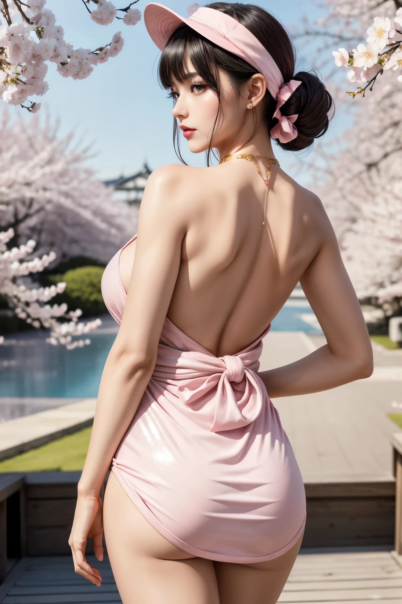 beautiful black hair ,shortcuts,Aligned bangs,Bright red lips,Pink Eyes, white skin,Beautiful Japanese clothing,super image quality,Ultra High Quality,masterpiece,DSLR,photorealistic, Detailed Details,Vivid details, Detailed ,detailed face, Detailed Details,Super Details,realistic skin texture, colorful candy room ,perfect anatomy of the respiratory system,anatomically correct hand,Anatomically Correct Fingers, ultra-high resolution energy A ,sexy pose,Beautiful back view, hand bra,hands by jumping and kicking,Light pink sequin kimono studded with gold,pink cherry hat, Valentine's Day gift Decorate the box {x} in a nice photo frame,cherry colored nails,Mysterious cherry blossom blizzard,Clear skies, Beautiful Blue Sky ,Picturesque, the whole body,9 heads,pink lips, beautiful curly hair ,gorgeous necklace, highlight a beautiful whole body ,Beautiful nails,