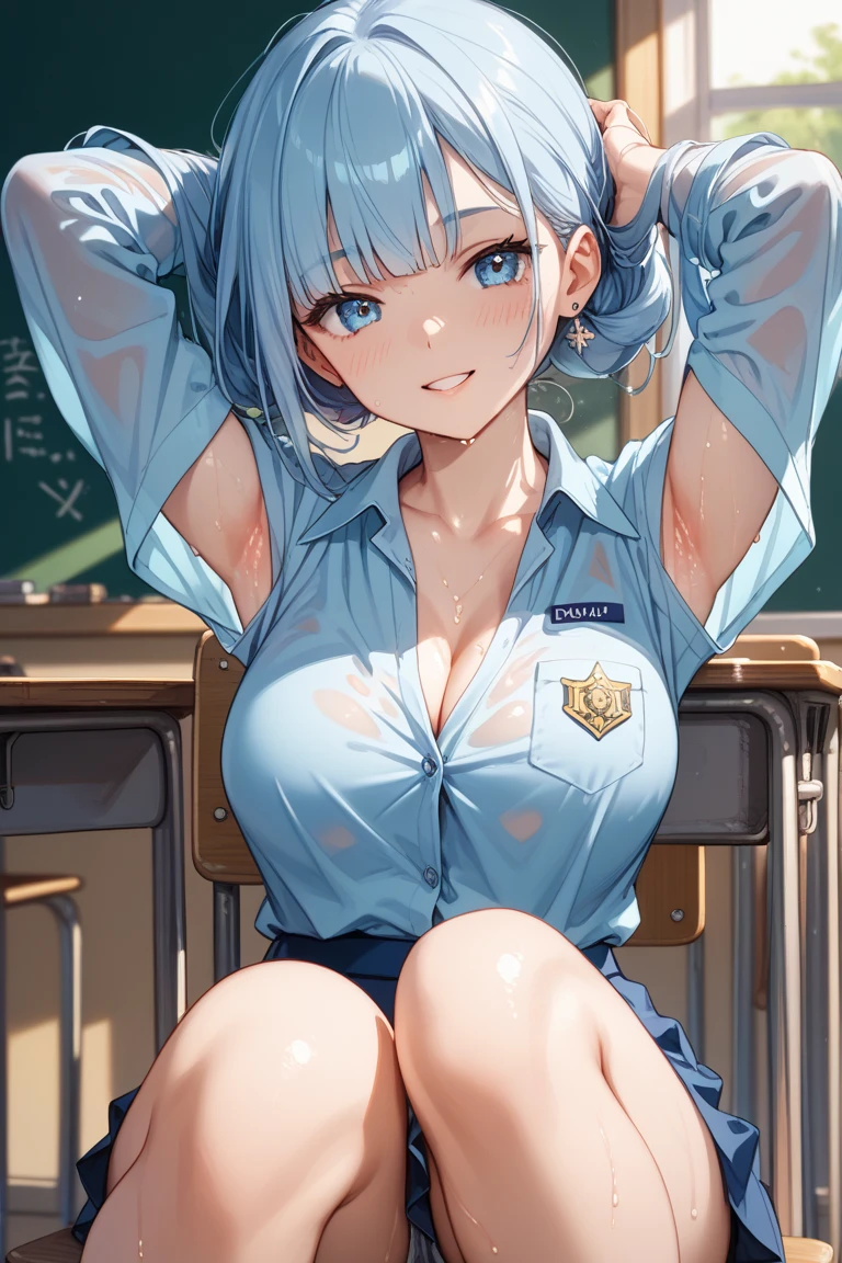 top-quality、Full limbs、complete fingers、Slender beauty、1人の女性、((Light blue school swimsuit:1.3)), ((Beautiful Large Breasts:1.3))、A big smile、beautiful face、Naughty Poses、Dancing、Classroom、The sun is setting