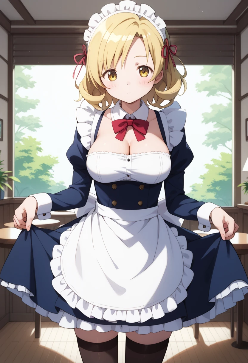 masterpiece, best quality, detailed beautiful face and eyes, very detailed background, Mami Tomoe, megami magazine, medium blonde hair, parted bangs, yellow eyes, large breasts, 1girl, blush, cowboy shot, maid, maid apron, cleavage, detached collar, thigh highs, (cafe menu)