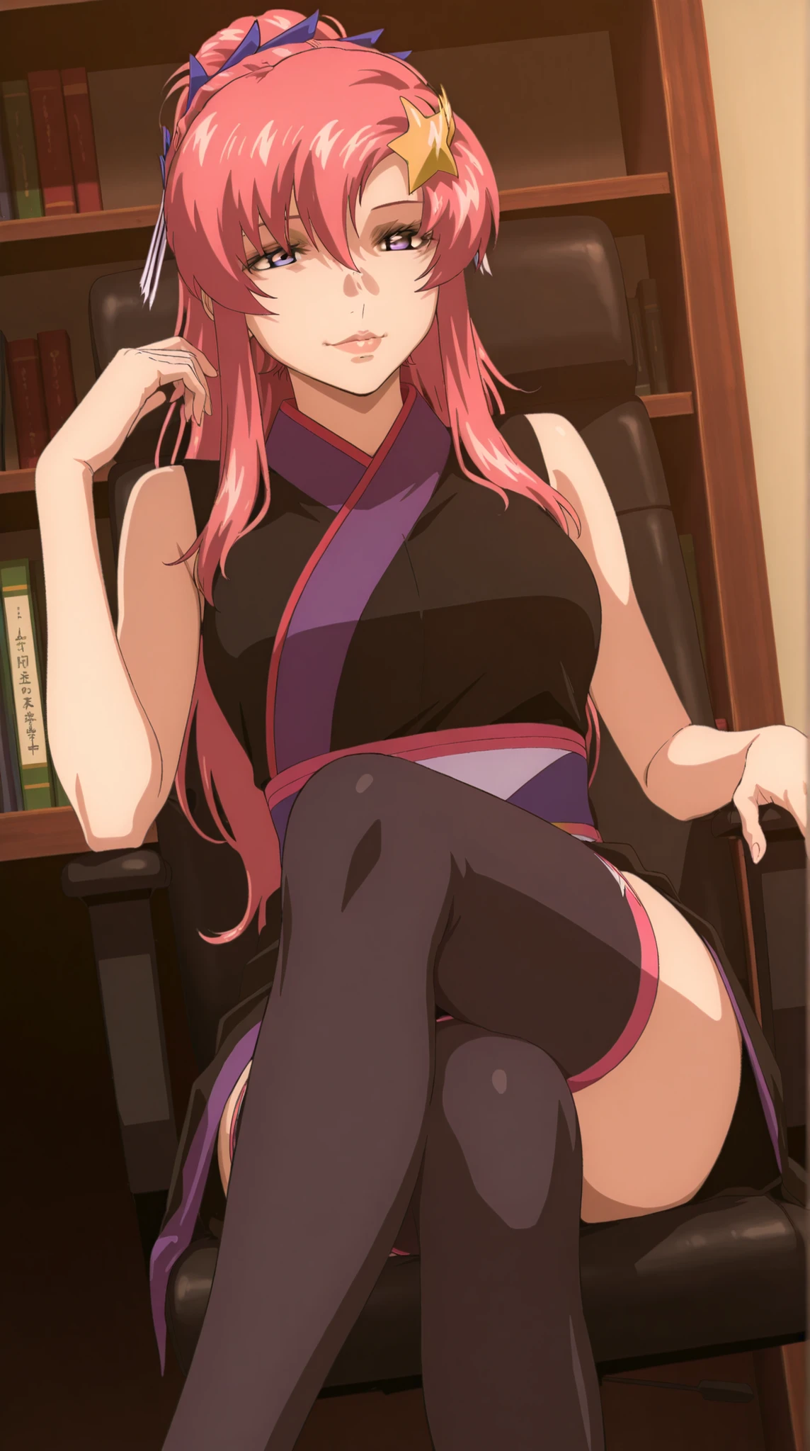 masterpiece,Best Quality,lacus_c, 1 girl, anime coloring, Alone, long hair, pink hair near MM,  star shaped hair ornament, hair bow, hair between eyes, purple eyes, lipstick, black sleeveless kimono,  band, black thighhighs, , is sitting, office chair, machine, crossed legs,light smile,, flabby lips,  indoors, Books, Booksshelf,,    