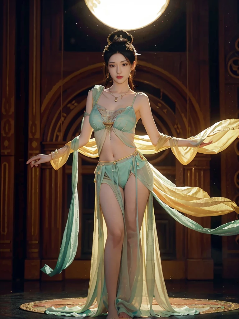 (8K, RAW photo, Best quality, tmasterpiece:1.2), (Realistic, photo-realistic:1.4), (Extremely detailed Cg Unity 8K wallpaper), 1 girl solo,full body,(Big breasts:1.5),Spread legs,Transparent clothes,Dance, dunhuang_dress, dunhuang_Style, dunhuang_Background,