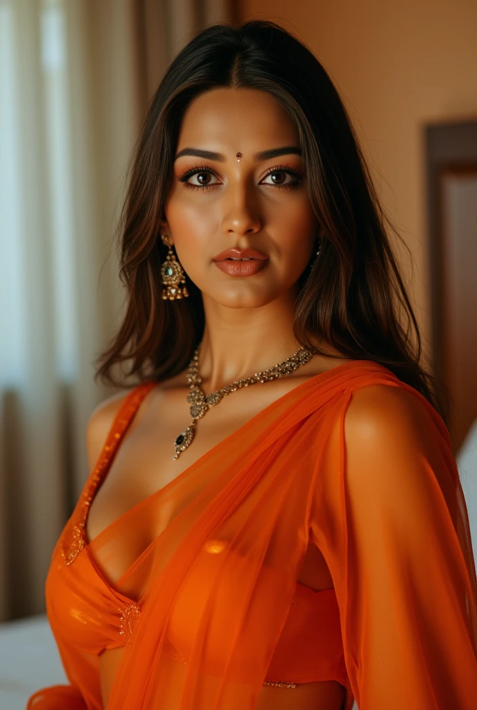 an indian woman, crop top, deep cleavage, small boobs, in bedroom