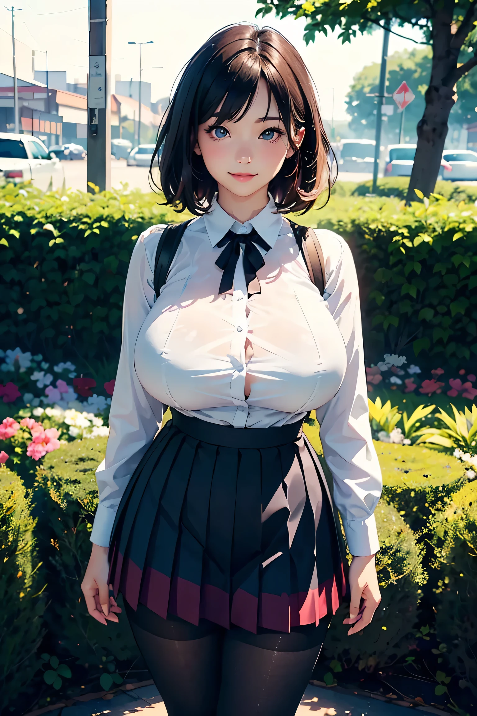 a girl in valentine's day waiting for her boyfriend showing her boobs, plaid skirt, ((detailed nipples)), festival landscape or cityscape, medium breasts, flirtatious, ((very detailed)), perfectly detailed face, detailed hand, photorealistic image.