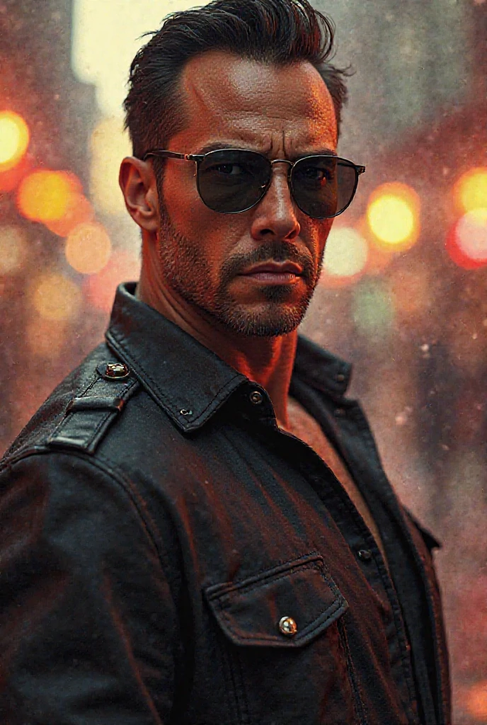 Handsome man with a tall texture and a medium muscular body, also slim, wearing a tight black t-shirt and showing the shape of his muscles, wearing sunglasses, like a model but with short hair combed neatly back, charming with a cool, sexy and seductive gaze