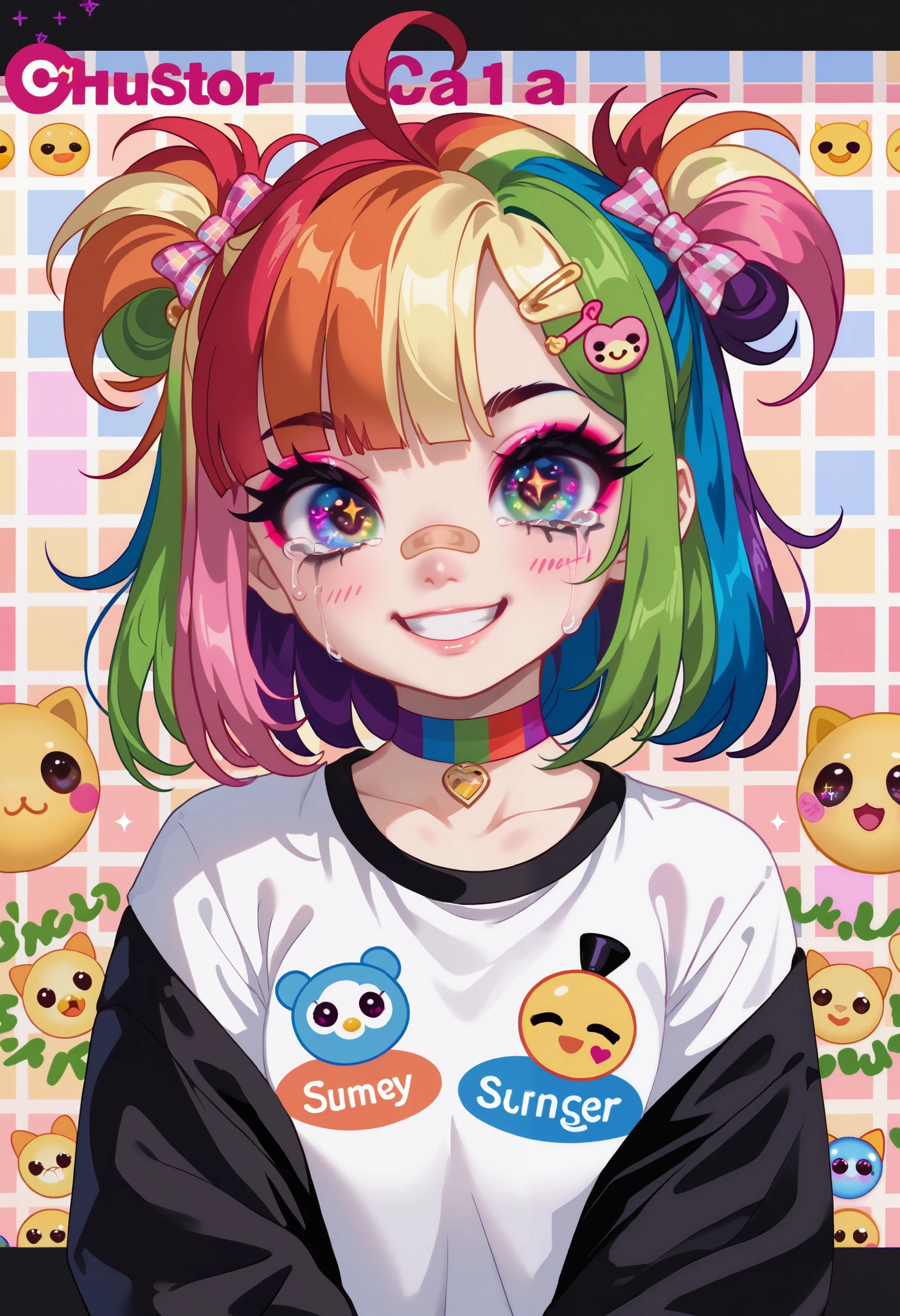 (cutecore, kawaiicore) 1990s (style) (colorful, bright colors), (nijijourney) 1girl, short hair, straight hair, messy hair, blunt bangs, big ahoge, two side up, multicolored hair, (neon rainbow streaked hair), colored inner hair, big eyes, rainbow eyes, (sparkly eyes), light makeup, eye makeup, rainbow glittery eyeshadow, thick eyeliner, mascara, band-aid, band-aid on face, band-aid on nose, (cute colorful rainbow band-aids), petite, blush, smile, grin, (decora kei, multicolored clothes), rainbow cute emoji graphic print t-shirt, neon green striped emoji print long sleeves, bows, neon pink bows, too many bows, hair ornaments, hair ribbons, smiley face, smiley face hair ornament, cute rainbow emoji hairclips, (emoji hair ornament), too many hairclips, rainbow choker, black and white checkerboard arm warmers, colorful rings, (detailed scenery, detailed background : 1.1), rainbow emoji themed background, rainbow gradient, patterned background, emoji print background, checkered overlay, (surrounded by cute emojis, pleading face emoji, crying emoji, emoticon, text, rainbow text, text overlay)
