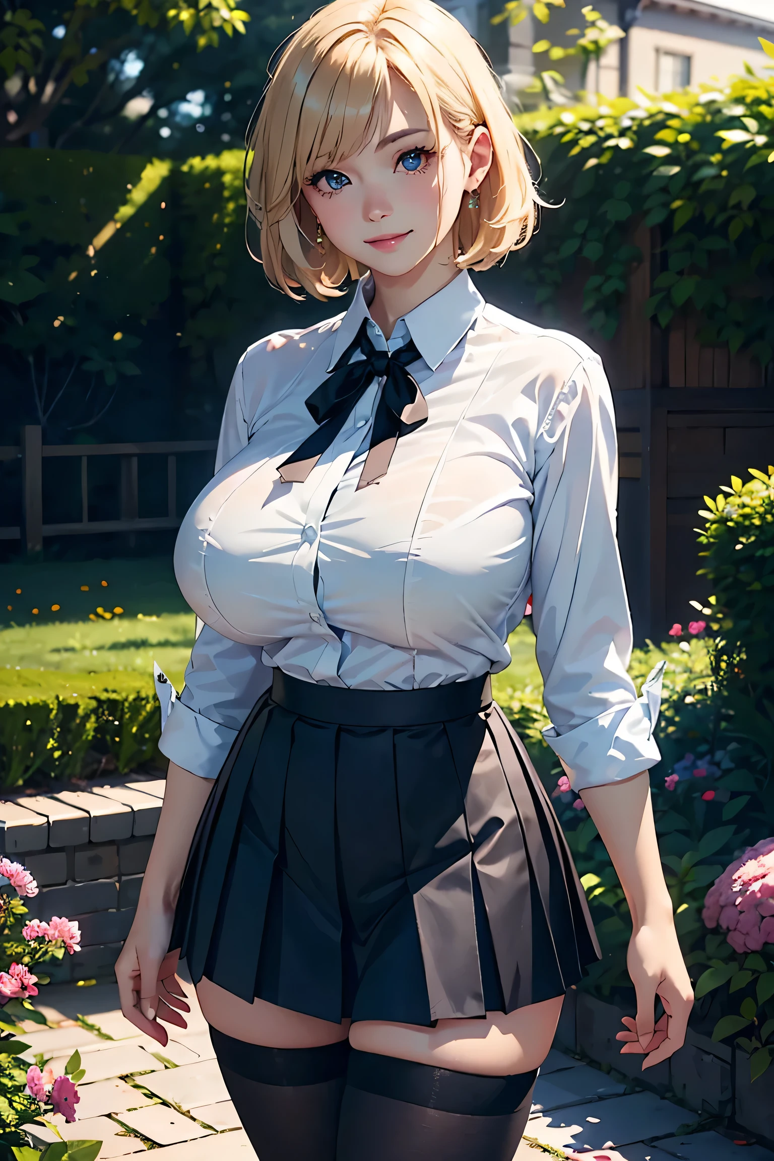 (masterpiece:1.2), (highest quality:1.2),, Curvy but slender body, perfect eyes, perfect face, perfect lighting, 1 girl, in the garden, （blouse），（I can see your feet），（whole bodyショット），（ruffle skirt），（bowl cut），curly hair, fine clothes, detailed outdoor background, compensate, eye shadow, thick eyelashes, fantasy, looking at the viewer, whole body、blue sky、Bright and very beautiful face、young shiny glossy white shiny skin、the best beauty、the most beautiful bright blonde hair in the world、thin hair、short hair、Shining beautiful bangs、big shining blue eyes、Very beautiful and lovely 18 years old, the most beautiful girl in the world、gigantic breasts, ((emphasis on extremely Hairy around the pussy:1.5)), (spread legs:1.5), (nude), (pussy), (anal), ((extremely hairy pussy)), ((extremely hairy pubic hair)), (((Extensive growth of pussy hair))),