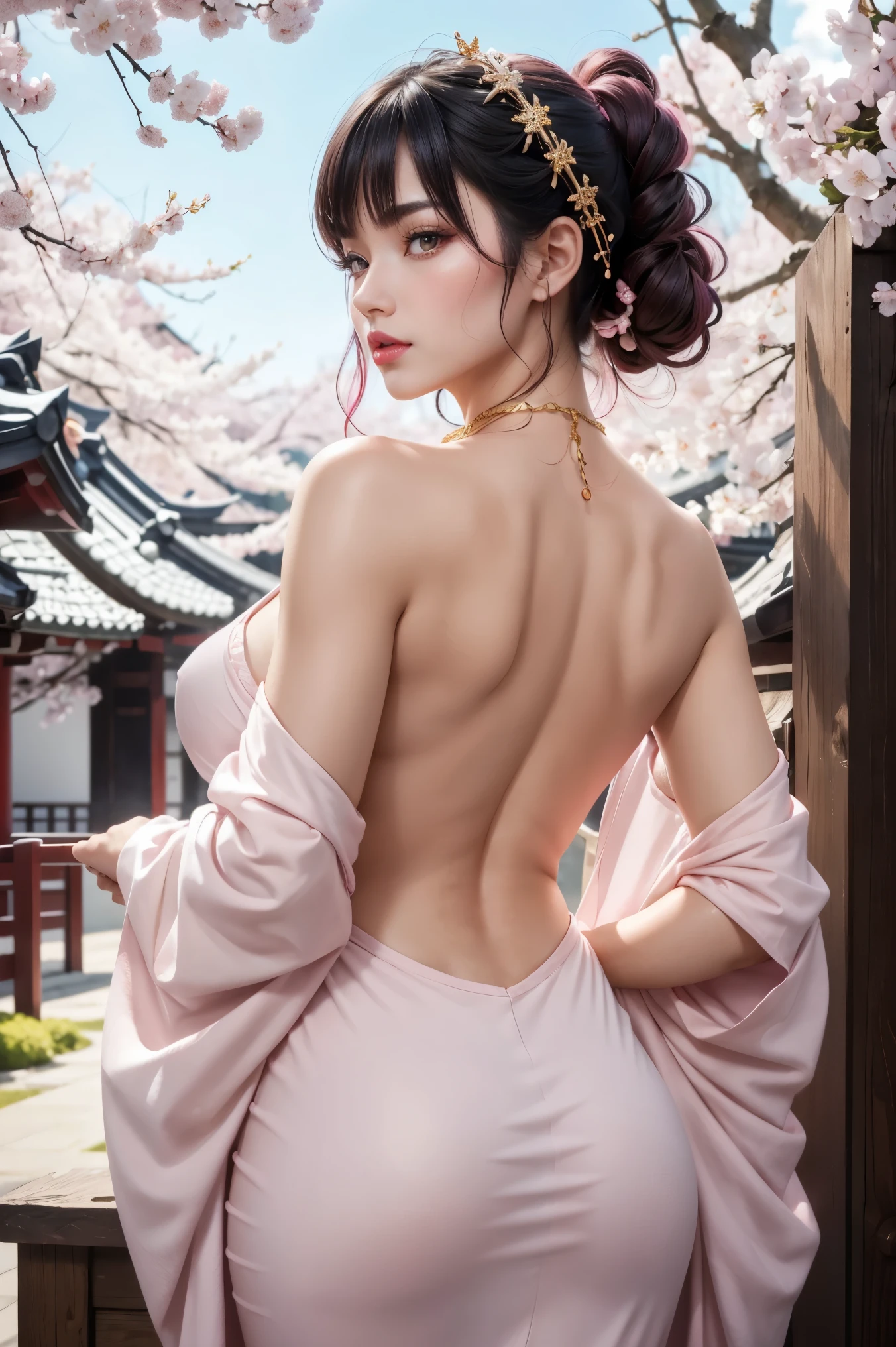 beautiful black hair ,shortcuts,Aligned bangs,Bright red lips,Pink Eyes, white skin,Beautiful Japanese clothing,super image quality,Ultra High Quality,masterpiece,DSLR,photorealistic, Detailed Details,Vivid details, Detailed ,detailed face, Detailed Details,Super Details,realistic skin texture, colorful candy room ,perfect anatomy of the respiratory system,anatomically correct hand,Anatomically Correct Fingers, ultra-high resolution energy A ,sexy pose,Beautiful back view, hand bra,hands by jumping and kicking,Light pink sequin kimono studded with gold,pink cherry hat, Valentine's Day gift Decorate the box {x} in a nice photo frame,cherry colored nails,Mysterious cherry blossom blizzard,Clear skies, Beautiful Blue Sky ,Picturesque, the whole body,9 heads,pink lips, beautiful curly hair ,gorgeous necklace, highlight a beautiful whole body ,Beautiful nails,