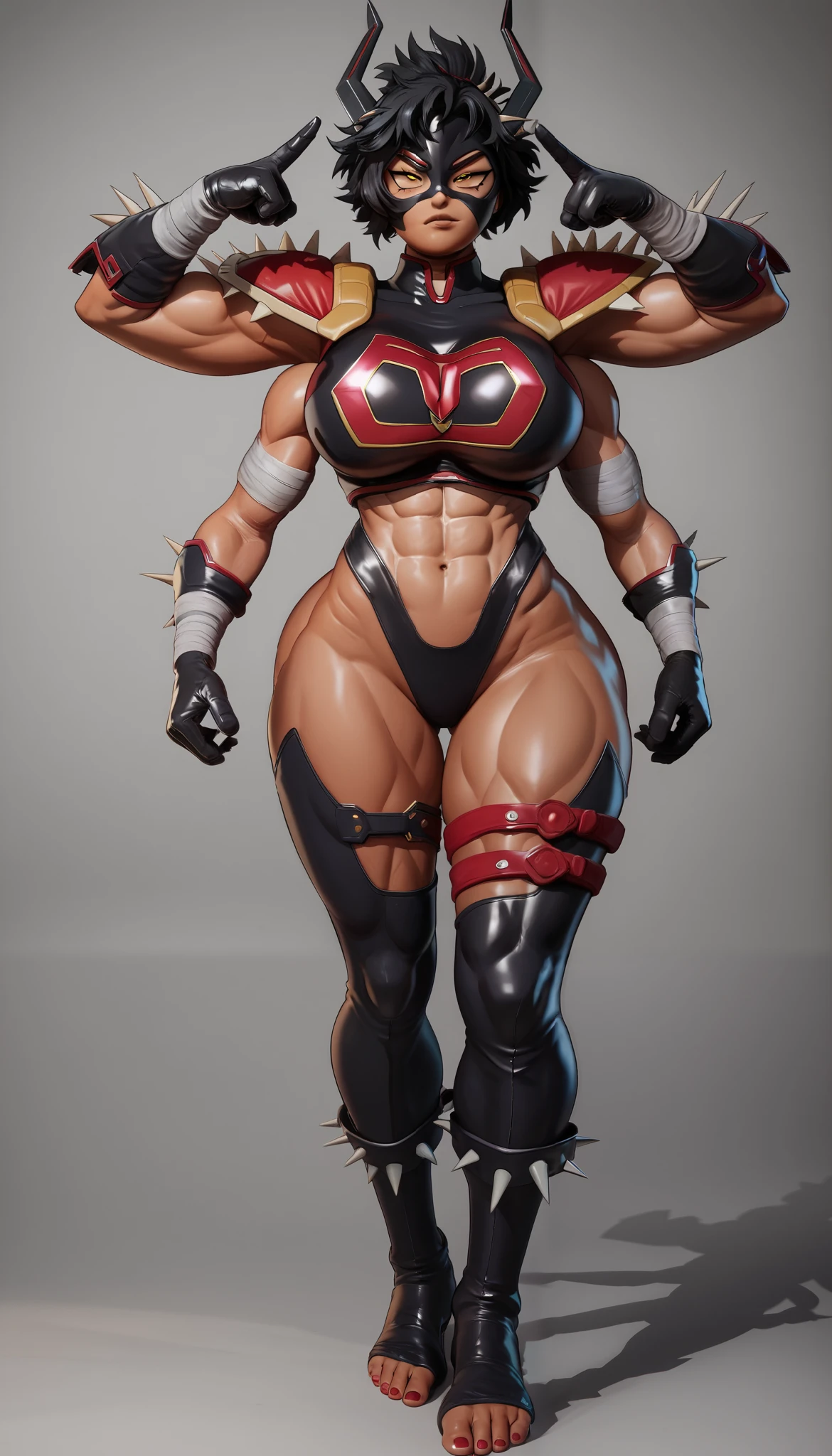 (Looma), Ben 10 Omniverse, (Malice), Marvel Rivals, 1girl, Mature Female, muscle female, anthro, (masterpiece), (high resolution), ((My Hero Academia style)), (solo full body portrait), adult Female, 20 year old, tall, (athletic figure), (toned body), (Red tanned), (four arms), (four eyes), (long black hair), (cute yellow eyes), (abs), (yellow sclera), (smug frown), Black leather gloves, black leather bandage mask, armor, boots, Red bandage leather leotard, clothing cutout, Red thigh strap, Red toeless leather bandage legwear with spikes, Red shoulder armor with spikes, (wide hips), (slender waist), (wide thighs), (wide calves), (large breasts), Abs, (exposed abdomen), (ready for battle:1.2), (Full body photo:1.5), (Perfect Anatomy), (Perfect hands), (Looking at the Viewer), (Dynamic Pose), (Super detailed), (Simple Background),