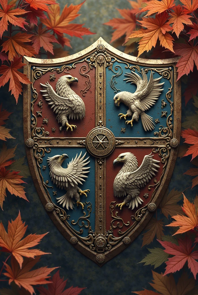 A shield divided in 4 parts. Each part with a harpy eagle, maple leaves, unicorn and wiccan simbols
