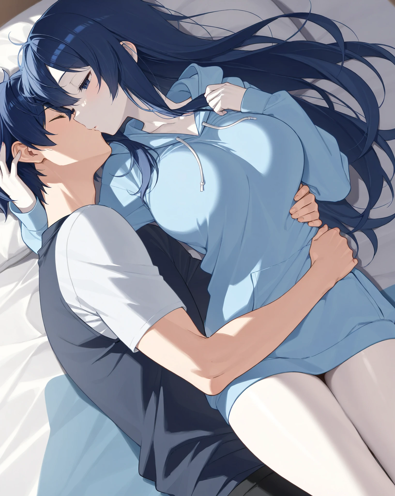 A 35 year old hot women has slim hourglass figure and a 25 year old man on bed they both are doing sex