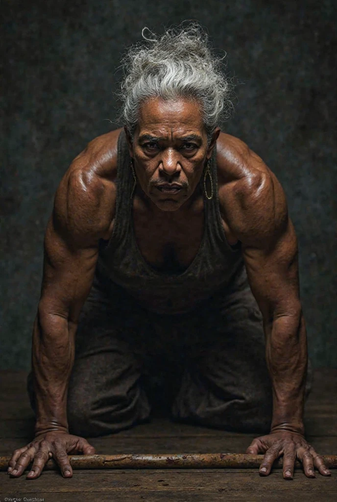 Fierce looking grey-haired old woman from India with intimidating powerful shredded muscles wearing very short wide-open karate gi top, extremely huge breasts with big nipples, flexes her huge biceps