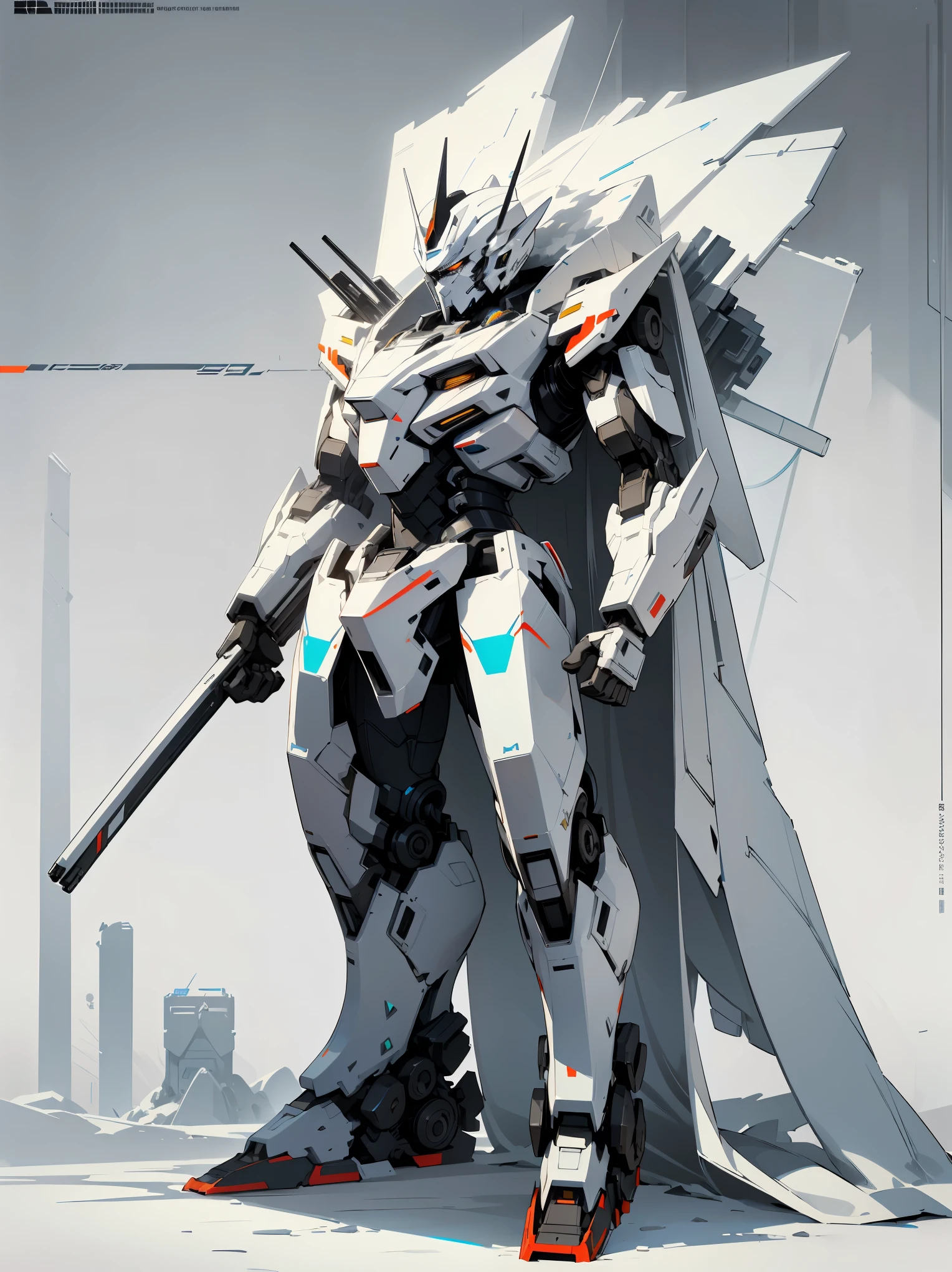 Cool mecha style, winter concept art, in style of apex legends, high quality digital concept art, mecha asthetic, very detailed concept art, White Cloak, White and Grey Transformer, Standing On Path, Sleek Body, Black Colored Head
