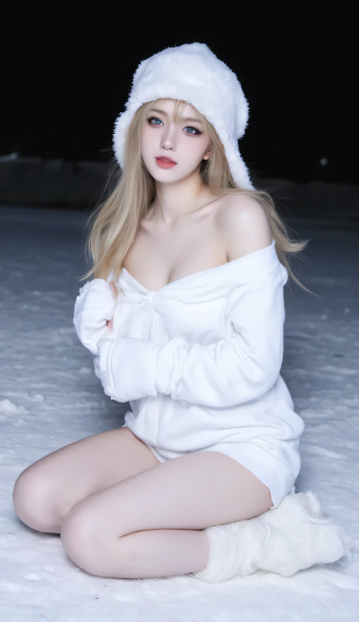 1 Girl, sexy pose, full body, watching the audience, sitting on the floor, sexy, Charming and beautiful, Big breasts, Rift, ( tempting eyes :1), heavy black eyeshadow , blue eyes, white usca hat , white sweatshirt \(Bare shoulders, long sleeve\), white furry boots, blonde\( long hair, bangs\), simple background, night, Dark sky, ( Dark , dark gray pointer ), snow