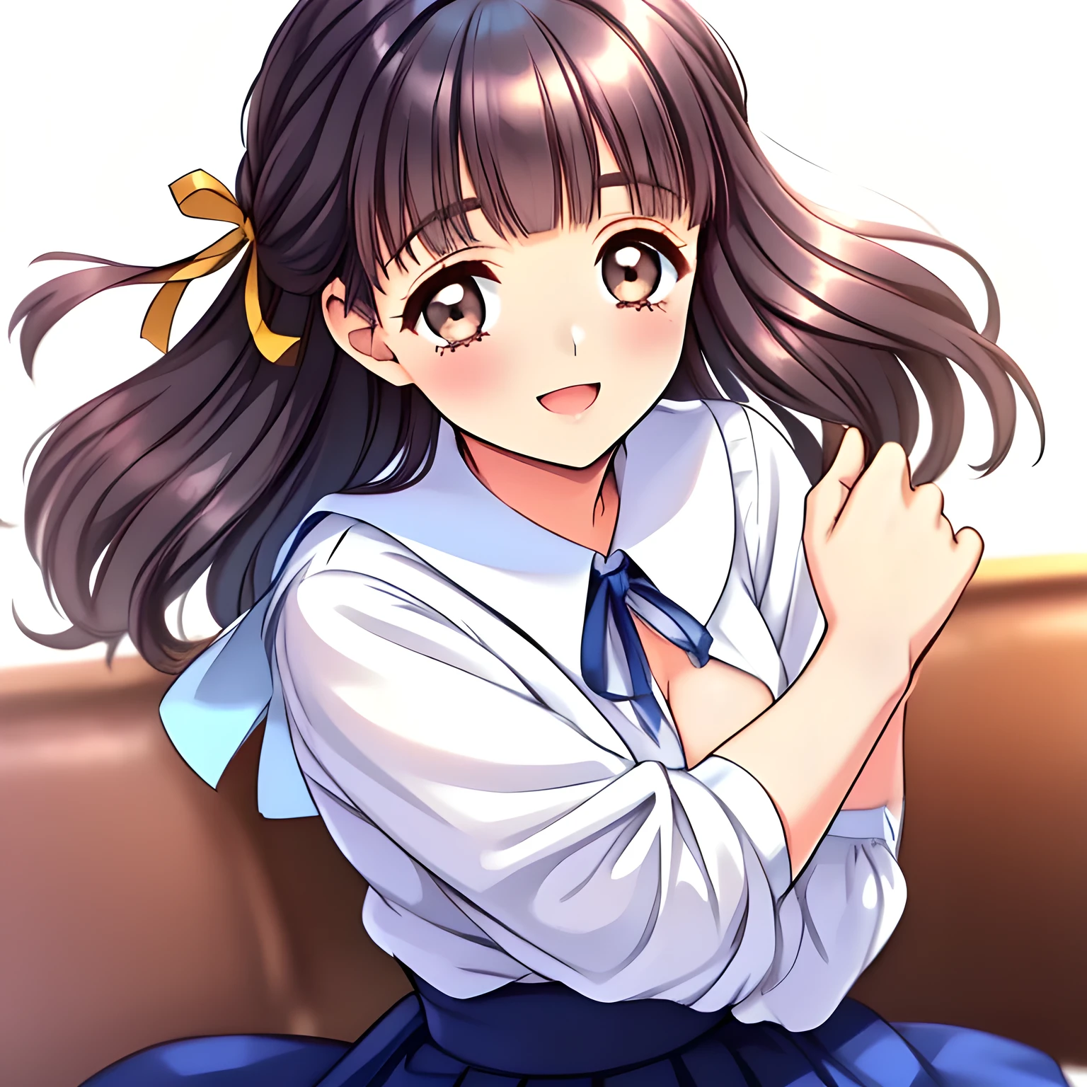 (highest quality, masterpiece:1.2), highest quality, High resolution, 1080p, 8K, (A 20yo beautiful pretty noble girl of (love-story comic heroines) is seated calmly on a train seat, hypnotizing me by their neat beauty, ((looking me up, and requesting me hug and kiss with highest laughter at the side)), (intelligent and perfectly balanced slender style), (long neck), neat & clean, lovely strong charm, cutely tilted head, 8), (Too noble beautiful lady like a love-story comic heroine), (laughing like watching a comedy), A very lovely, very noble, pretty and pure beautiful girls. ((neat innocent ears)), ((white grown face)), Using expensive whitening cosmetics by cosmetics artist: 1.2), Glossy lips, (curled) bangs, (Too beautiful blue fascinating shiny (double-lidded) (brown eyes) with love to the viewer, ((deep upper girly eyelid)), ((huge eye pupils)), laughing with detailed clearly: 1.5), (((Dark blue vest school uniform)), (Neat smart (white school blouse))): 1.8), (A very neat, ((realistic), (dark-blue) pleated blue school (beautifully checkered) skirt): 1.6), (too pretty shiny big (red realistic school ribbon tie)): 1.5), (Shiny love-story heroine lips, extremely laughing open mouth: 1.0), ((amazingly beautiful black bobbed wavy hair is blowing in the wind: 1.5)), (Hair Ribbon ties (black hair), The ribbon is big and very pretty), (Tight waist, slender: 1.5), (The background is (plain black space) to emphasize their fascination: 1.8), (The lady knows well about the viewer's super fetishism for school uniforms, and satisfies it completely in the viewer's lewd dream: 1.7), (Gorgeous atmosphere In a train limited for beautiful girls bound for girl's school directly early in the morning: 1.5), (Everything is organized to have strong effect of hypnosis for the viewer to fall into happy dream with many beautiful girls: 1.5), (The viewer must be transferred to the world of only beautiful girls right now when he sees the eyes of girls in this picture: 2)