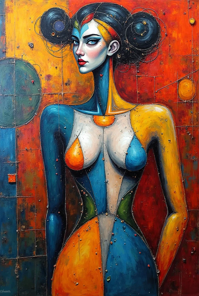 A sexy naked woman holding his chin in thought, colorful abstract line art in the style of Matisse and Henri. Anatomy of the human body in the style of Egon Schiele and James Jean.
