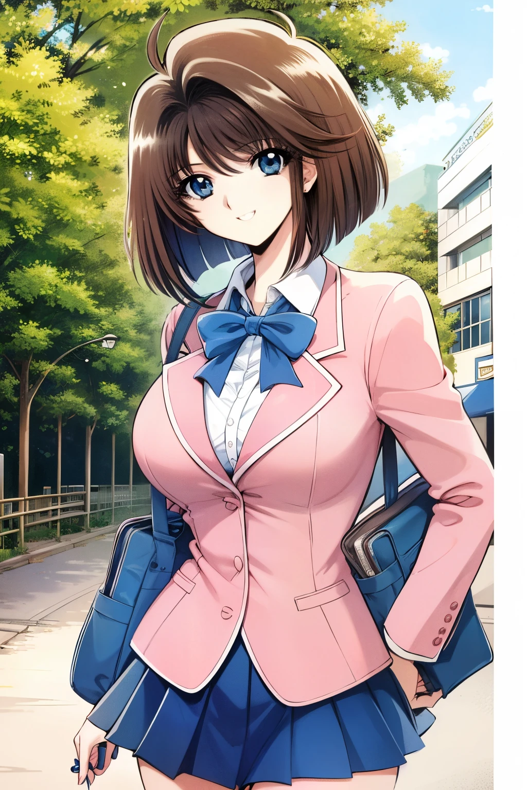 1990s \( style\), 1990s anime cels style, Top Quality , nothing , ( big eyes:1.2), 1 girl, , is embarrassing, smile, Big Breasts、( Big Breasts:1.2), score_9, score_8_ up , score_7_ up 、 masterpiece、 Top Quality、 latest、 absurd、 perfect face, 最 nothing , 8k, 1 girl, detailed eyes、 beautiful、 detailed background, Amagasaki, short bob,(antenna hair:1.2), Blue Eyes,school uniform blue ribbon, pink jacket, blazer, Long Sleeve, blue skirt, tight skirt, miniskirt,pleated skirt, sexy,taken from the front, happy, wink,facial, slender,busty,viewers next to him、smile,enchanting gaze 、(outdoor)Flower Field ,