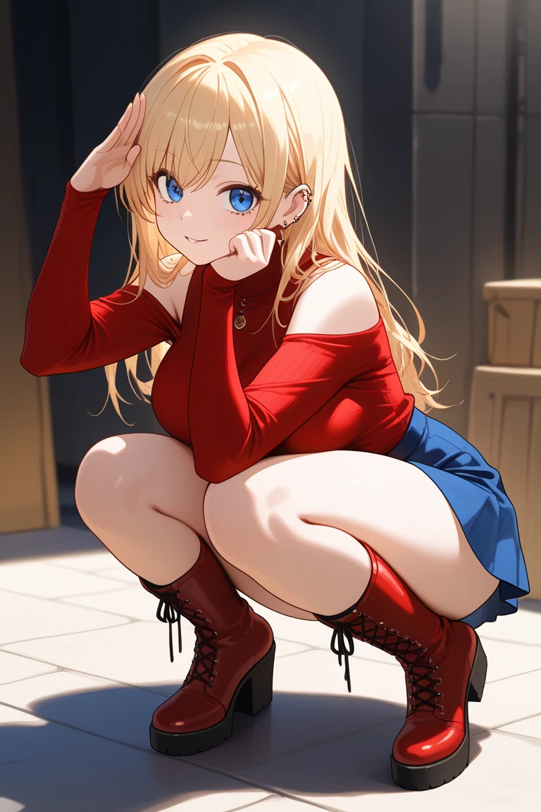 (masterpiece、highest quality、High resolution、realistic pictures、real looking skin:1.1), (wearing a blue oversized knit,Moe sleeves,Wearing a pleated miniskirt, knee high boots:1.1), 1 1 Japanese girl, beautiful eyes, shining eyes, provocative smile, blonde, medium long hair, university student, The place is a park, (Squat down with both knees facing you:1.8), (place your elbows on your knees、put your chin on it.:1.5), (slightly exposed pants: 1.5), (simple red satin panties: 1.5), NSFW