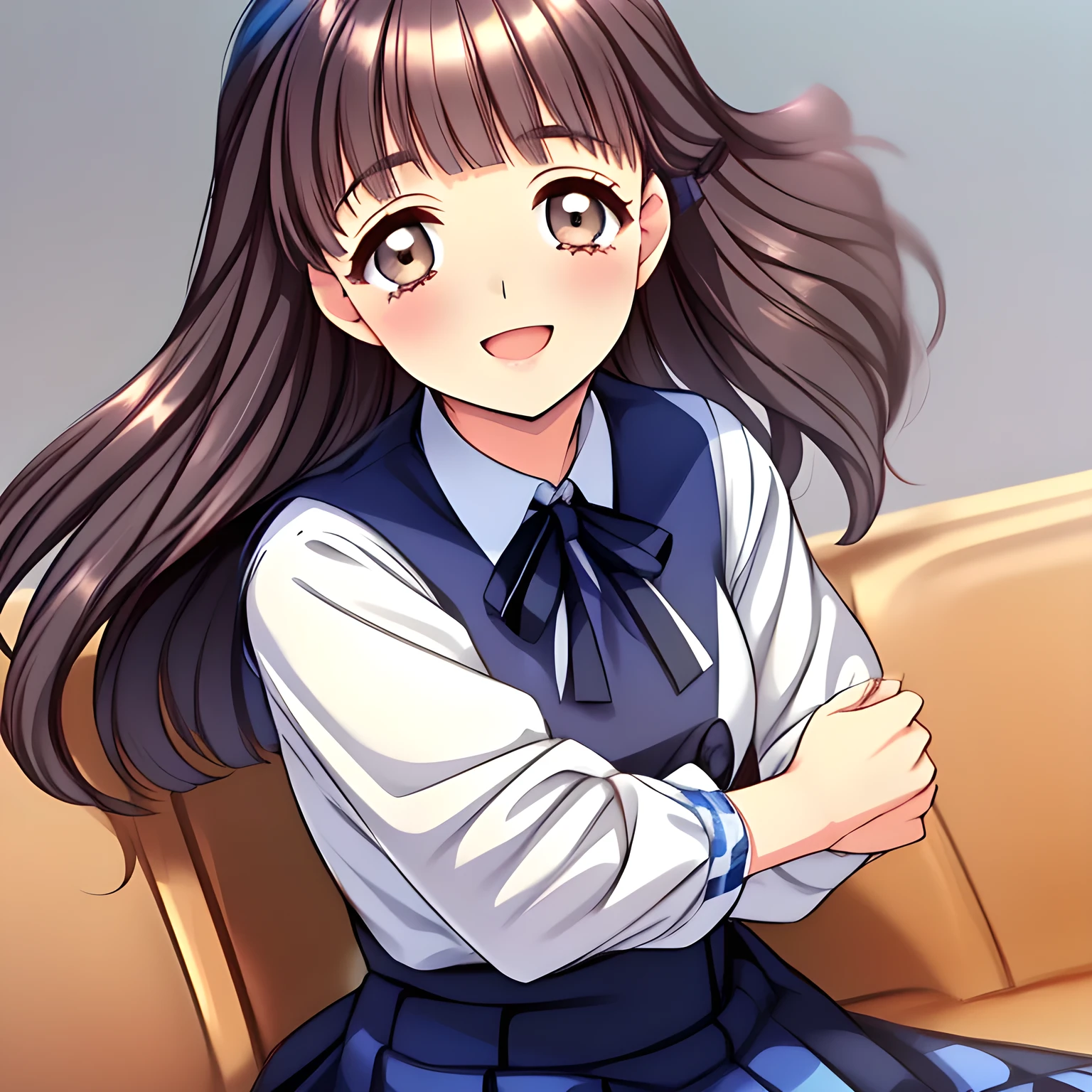 (highest quality, masterpiece:1.2), highest quality, High resolution, 1080p, 8K, (A 20yo beautiful pretty noble girl of (love-story comic heroines) is seated calmly on a train seat, hypnotizing me by their neat beauty, ((looking me up, and requesting me hug and kiss with highest laughter at the side)), (intelligent and perfectly balanced slender style), (long neck), neat & clean, lovely strong charm, cutely tilted head, 8), (Too noble beautiful lady like a love-story comic heroine), (laughing like watching a comedy), A very lovely, very noble, pretty and pure beautiful girls. ((neat innocent ears)), ((white grown face)), Using expensive whitening cosmetics by cosmetics artist: 1.2), Glossy lips, (curled) bangs, (Too beautiful blue fascinating shiny (double-lidded) (brown eyes) with love to the viewer, ((deep upper girly eyelid)), ((huge eye pupils)), laughing with detailed clearly: 1.5), (((Dark blue vest school uniform)), (Neat smart (white school blouse))): 1.8), (A very neat, ((realistic), (dark-blue) pleated blue school (beautifully checkered) skirt): 1.6), (too pretty shiny big (red realistic school ribbon tie)): 1.5), (Shiny love-story heroine lips, extremely laughing open mouth: 1.0), ((amazingly beautiful black bobbed wavy hair is blowing in the wind: 1.5)), (Hair Ribbon ties (black hair), The ribbon is big and very pretty), (Tight waist, slender: 1.5), (The background is (plain black space) to emphasize their fascination: 1.8), (The lady knows well about the viewer's super fetishism for school uniforms, and satisfies it completely in the viewer's lewd dream: 1.7), (Gorgeous atmosphere In a train limited for beautiful girls bound for girl's school directly early in the morning: 1.5), (Everything is organized to have strong effect of hypnosis for the viewer to fall into happy dream with many beautiful girls: 1.5), (The viewer must be transferred to the world of only beautiful girls right now when he sees the eyes of girls in this picture: 2)