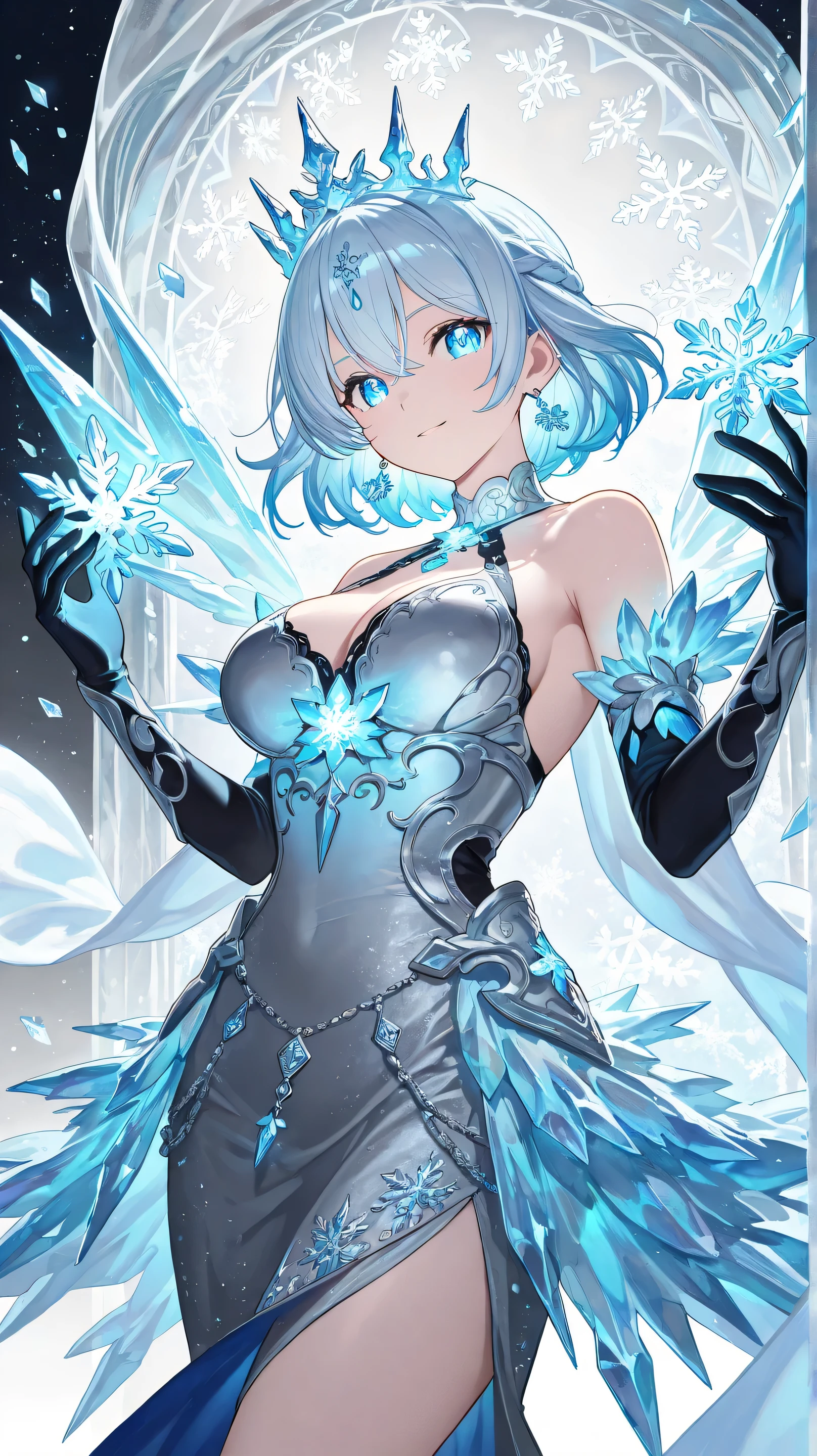 (masterpiece, high quality, best, formal art, beautiful and aesthetic, long exposure: 1.2), smooth movement, charming patterns, 1 girl, (without cleavage: 1.4), (long dress with sleeves: 1.3), long blue dress, (small breasts: 1.2), bare shoulders, adult Russian woman, freckles, black frontal hair full growth, solo, looking at the observer, detailed background, detailed face, (crystallineAI, crystal theme: 1.1), elemental water sprite, rotating water, water control, diamond clothing, dynamic posture, floating particles, etheric dynamics, water, steam, ocean in the background, blue tint, coast, etheric atmosphere,