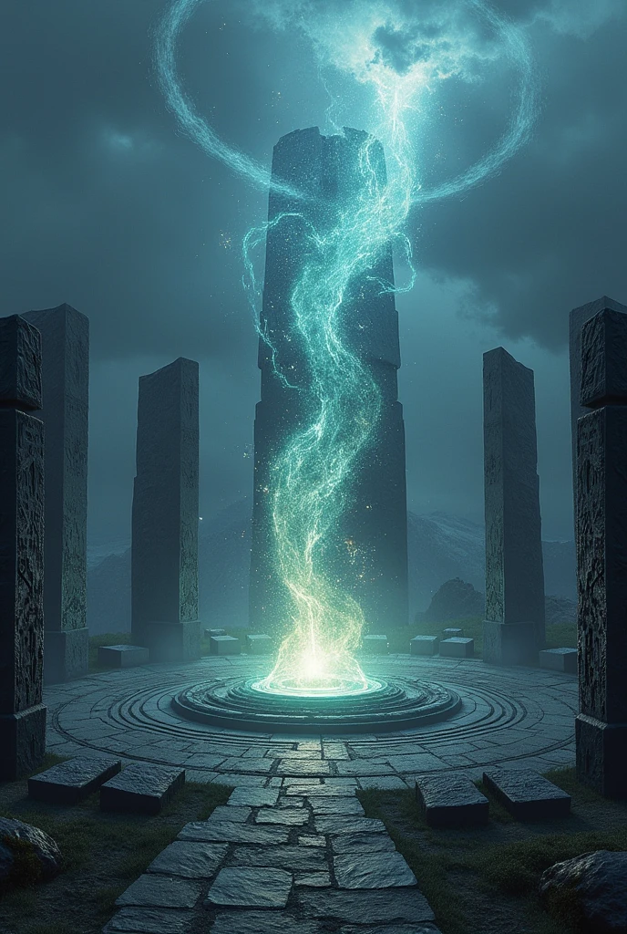 Stonehenge-like circle of obsidian blocks, swirling energies, energy tornado, Stonehenge, trilithons, glowing portal over central altar