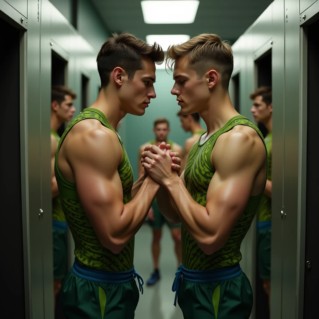 Young Caucasian school boxer, 18-year-old, Mohawk Short Hair, Black Hair, Intense green eyes fixed, Strong gaze, Related Features, No beard, Height 1.90, Weight 96kg, Muscular, Broad shoulders, V-shaped body, Full Body Focus, Completely hairless,