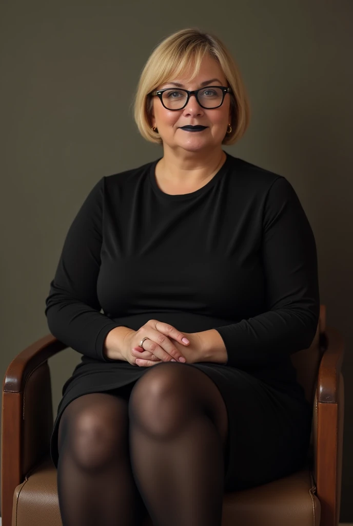photo of a Danish aged woman, (full body shot), (dry skin), (whole body:1), (distance shot:1), (candid shot), chubby, wearing a black dress, black rim glasses, age 25, cinematic lighting, dark theme, bokeh