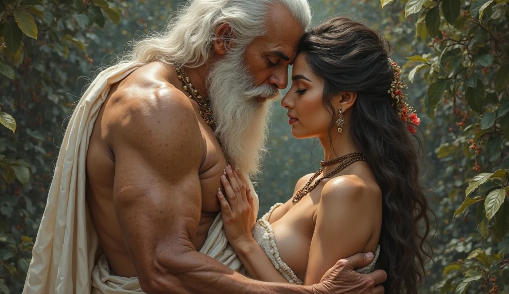An old man with white beard  in dhoti standing in a jungle with his sexy cute young long hair girl wearing semi nude topless saree with huge boobs grabbing old man's dick in dhoti by care and masterbating his pennis.