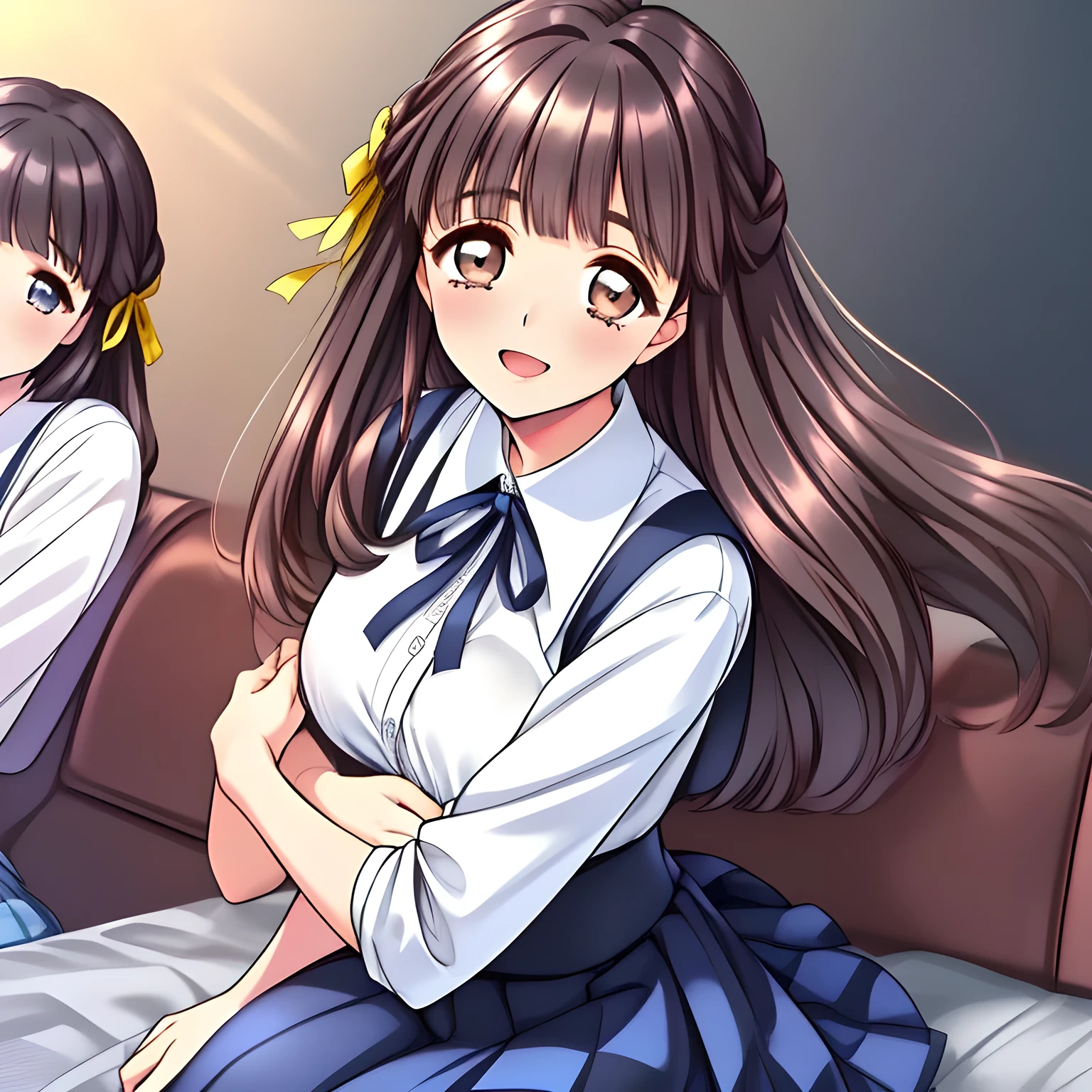 (highest quality, masterpiece:1.2), highest quality, High resolution, 1080p, 8K, (A 20yo beautiful pretty noble girl of (love-story comic heroines) is seated calmly on a train seat, hypnotizing me by their neat beauty, ((looking me up, and requesting me hug and kiss with highest laughter at the side)), (intelligent and perfectly balanced slender style), (long neck), neat & clean, lovely strong charm, cutely tilted head), (Too noble beautiful lady like a love-story comic heroine), beautiful breast, (laughing), A very lovely, very noble, pretty and pure beautiful girls. ((neat innocent ears)), ((white grown face)), Using expensive whitening cosmetics by cosmetics artist: 1.2), Glossy lips, (curled) bangs, (Too beautiful blue fascinating shiny (double-lidded) (brown eyes) with love to the viewer, ((deep upper girly eyelid)), ((huge eye pupils)), laughing with detailed clearly: 1.5), (((Dark blue vest school uniform)), (Neat smart (white school blouse))): 1.8), (A very neat, ((realistic), (dark-blue) pleated blue school (beautifully checkered) skirt): 1.6), (too pretty shiny big (red realistic school ribbon tie)): 1.5), (Shiny love-story heroine lips, extremely laughing open mouth: 1.0), ((amazingly beautiful black bobbed wavy hair is blowing in the wind: 1.5)), (Hair Ribbon ties (black hair), The ribbon is big and very pretty), (Tight waist, slender: 1.5), (The background is (plain black space) to emphasize their fascination: 1.8), (The lady knows well about the viewer's super fetishism for school uniforms, and satisfies it completely in the viewer's lewd dream: 1.7), (Gorgeous atmosphere In a train limited for beautiful girls bound for girl's school directly early in the morning: 1.5), (Everything is organized to have strong effect of hypnosis for the viewer to fall into happy dream with many beautiful girls: 1.5), (The viewer must be transferred to the world of only beautiful girls right now when he sees the eyes of girls in this picture: 2)