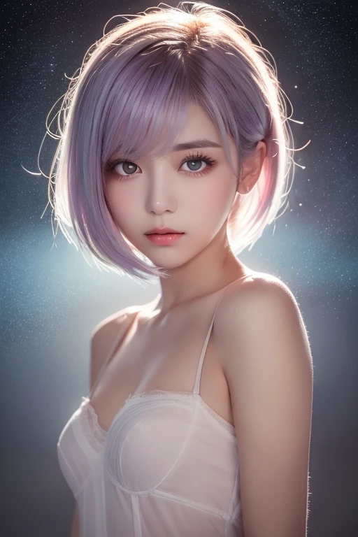 (close up:1.2), (masterpiece, best quality, 8k, official art, raw photo:1.3), incredibly absurdres, black strapless dress and choker, beautiful girl, pretty face, earrings, looking at viewer, teen, (greyish pink hair:1.6), ultra realistic, highres, photography, film grain, chromatic aberration, sharp focus, facelight, dynamic lighting, cinematic lighting, highest detailed, extreme detailed, ultra detailed, finely detail, extremely detailed eyes and face, sharp pupils, realistic pupils, (simple background, dull violet background:1.4)