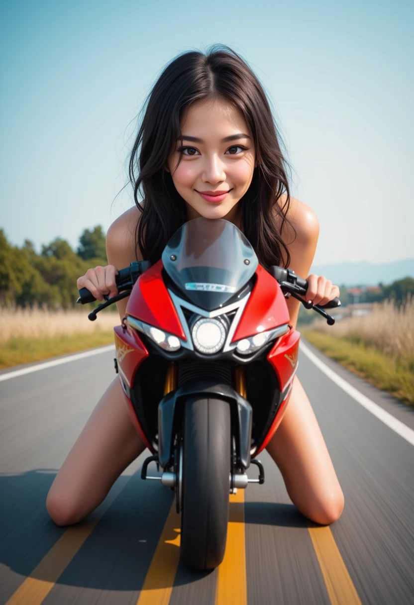 (Malay girl naked ridding red sport motorcycle), Very cute and baby-like face, Power puff girl, Naked, Angry pose, Angry face, (((BROWN HAIR MALAY GIRL))), masutepiece, High quality, UHD 45K, Realistic face, Realistic skin feeling , A Japanese Lady, , , Very cute and baby-like face, (((SMALL BREAST))), (MATRIX WORLD), ((look In front at the camera and SADNESS)), with Kamen Rider fashion, ((VISIBLE CLEAVAGE)), captured in ultra high resolution with photorealistic and beautiful lighting. This masterpiece is of the best quality and is set against a zentangle, (((CUTE GIRL))), ((RED LIPS)), ((NUDE)), ((CHUBBY)), ((NAKED)). Malay girl naked ridding red sport motorcycle in the middle of the toll road