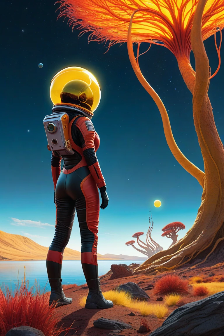 analog illustration artwork by Jessica Rossier, helmet, lens flare, looking up at advanced alien structure, rebreather, wearing orange and white space suit, day time, accentuated booty, bloom, cinematic lighting, outdoors, tined face shield, full body, on alien planet, sci-fi, raytracing, mm wide angle lens, shallow depth of field, highly detailed, hyperdetailed, mountains, photographed on a sony a9 ii, from behind, big butt, particle effects, sharp focus, highly detailed raw color photo, rear angle, intricate, of female space soldier, two moons in sky, lush green vegetation, cinematic film still from gravity, toned body, by artgerm, ultra realistic , high quality
