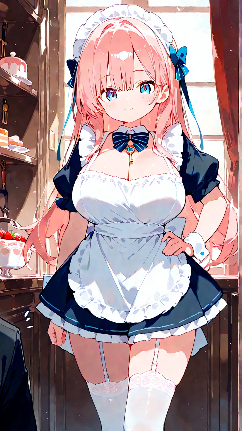 Mommy Masterpiece, maid costume, long pink hair , green detailed sparkling eyes , embarrassed , blushing
(Best quality:1.3),big breasts, naked, apron, cleavage, (pov, close shot), standing, kitchen background, blushing:1.2.