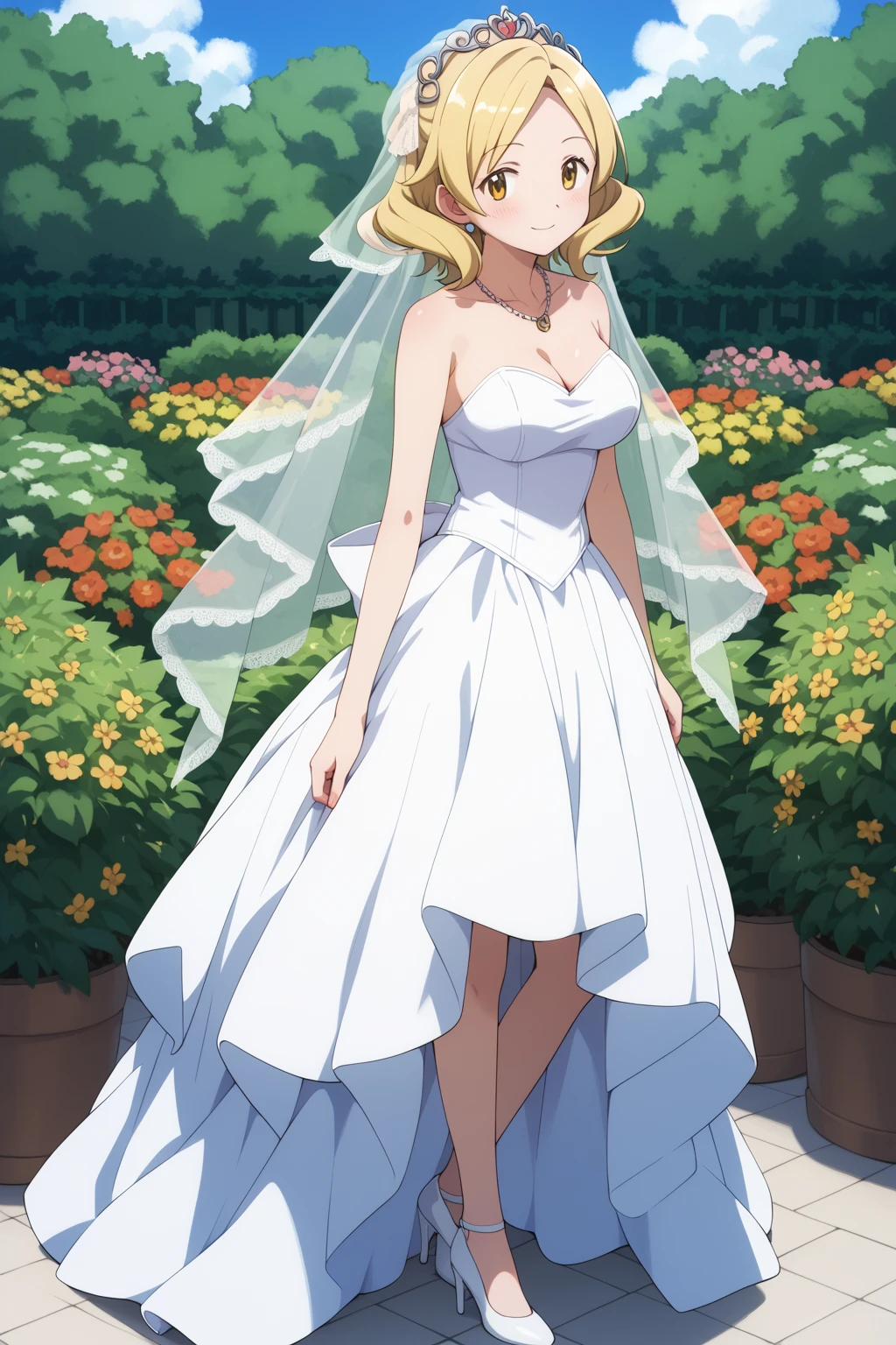 masterpiece, best quality, detailed beautiful face and eyes, very detailed background, Mami Tomoe, megami magazine, medium blonde hair, parted bangs, yellow eyes, large breasts, 1girl, (blush), light smile, (garden), layered wedding dress, necklace, jewelry, standing, heels, skirt parted in front
