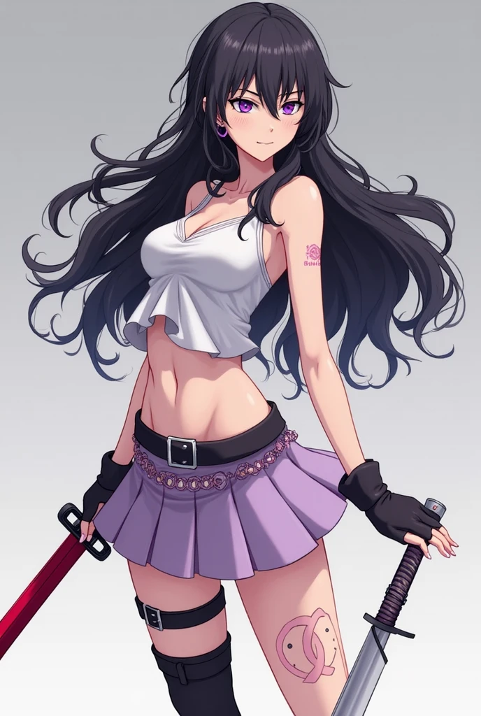 (masterpiece:1.2, best quality), 1lady, solo, upper body, portrait, red eyes, Tifa Lockhart, wearing a black bikini and distressed jean shorts Confident and effortless with minimal makeup and long black hair (white background)
