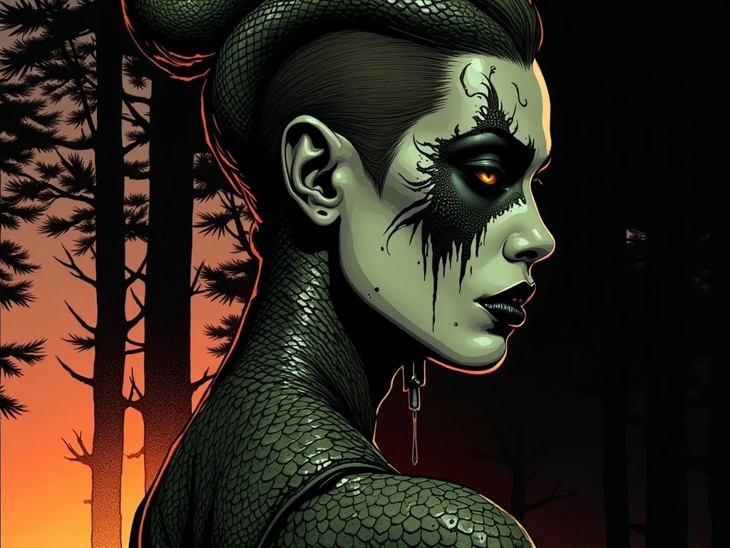 Medusa, colors, bleak muted deep fiery radiant glowing ROYGBIV, splash page decompressed comic cover art, ink style figure, ((expressive Joelle Jones and "Sean Gordon Murphy" comic drawing)), wordless, cinematic poster, double exposure, optical illusion, image within image, abyss void black no visibility darkness, full length portrait, (background, pine barrens, entropy, rewilding, magic hour sunset, galaxy stars, cosmos), (horror, abstract, surreal, body, cosmic), candid, snake skin dress, morphology anatomy drawn Frederic Delavier musculature anatomical illustration, (face, ornate black-metal corpsepaint face paint, resembles Grace Jones), (body, Naga, snakefolk, lower body snake tail, snake woman hybrid, bald, hairless, skeleton, snake skin tattoos, piercing eyes, snake pupils, over the shoulder), (colors, bleak muted deep fiery radiant glowing ROYGBIV, forest green, earth brown), craftsmanship nuance, (Gerardo Zaffino charcoal), subliminal orchids, nyctophobia, silhouette