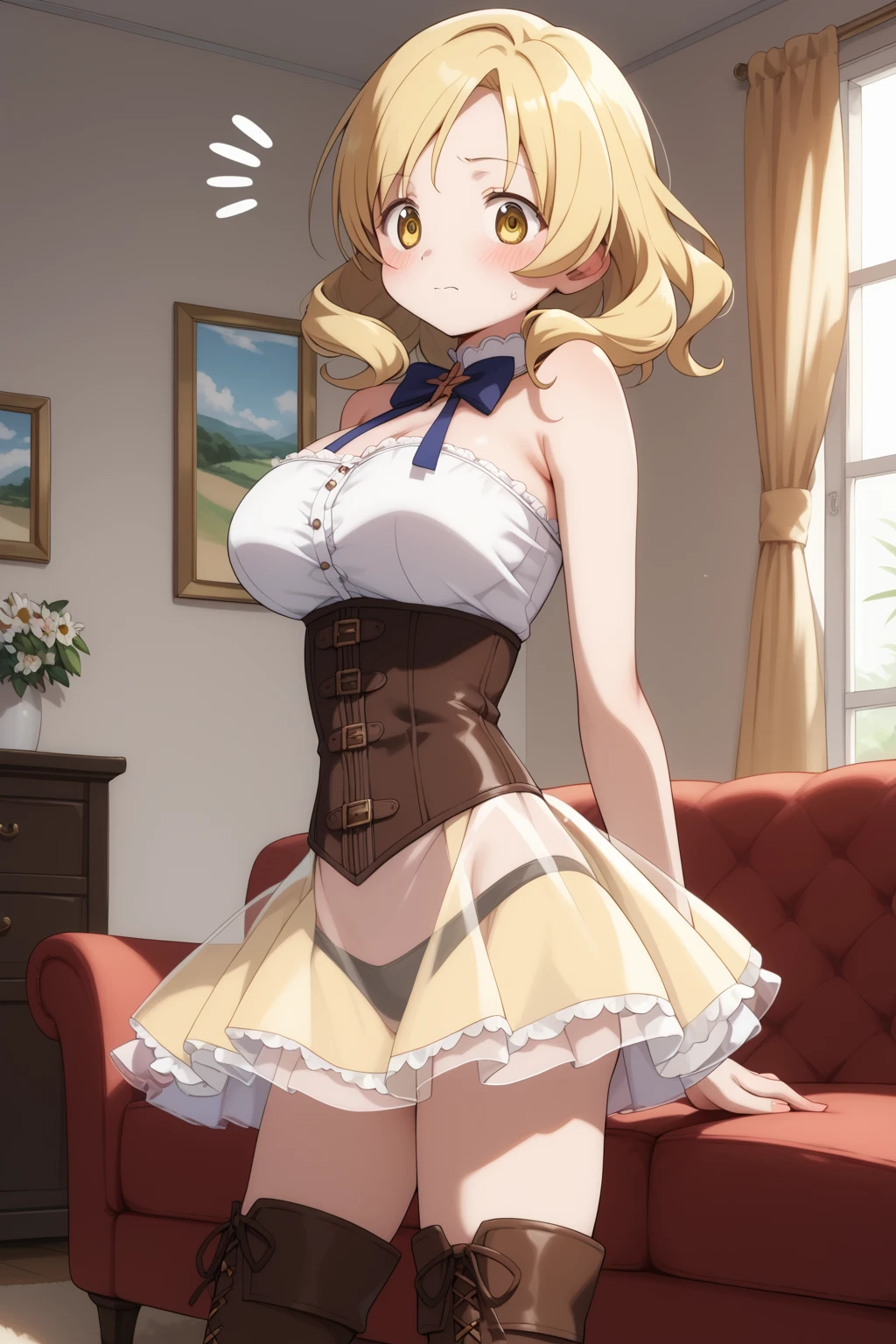 masterpiece, best quality, detailed beautiful face and eyes, very detailed background, Mami Tomoe, megami magazine, medium blonde hair, parted bangs, yellow eyes, large breasts, 1girl, (blush embarassed), cowboy shot, strapless sleeveless corset, thigh boots, (see-through layered microskirt), living room