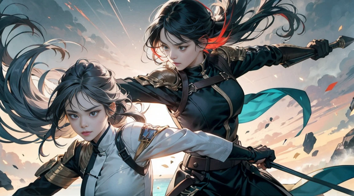 masterpiece, best quality,gorgeous,amazing,epic,1girl,ninja-mask,slim body,kong-fu,black hair,black eyes,Chinese hairstyle,see-through,cinematic Lighting,Accent Lighting,dramatic_shadow,ray_tracing,complex clothes and patterns, fighting,holding knife,hair-bangs,scarf