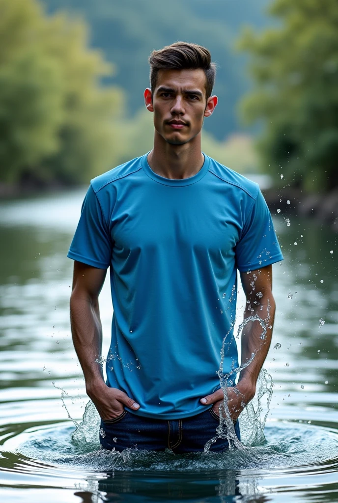 SoakingWetClothes, handsome twink man wading knee deep in amazon river, wearing blue denim and (grey long sleeve t-shirt), <lora:SoakingWetClothesv2:0.7>, brilliant colors