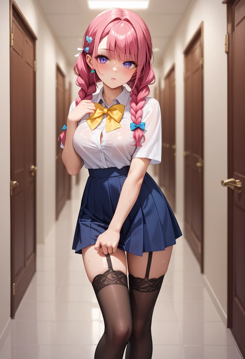nodokaharamura, nodoka haramura, blue eyes, hair bow, long hair, pink hair, bow,
BREAK blue skirt, kiyosumi , pleated skirt,serafuku, skirt,
BREAK looking at viewer,
BREAK indoors, city,night,neon lights,rain,wet road,reflections
BREAK (masterpiece:1.2), best quality, high resolution, unity 8k wallpaper, (illustration:0.8), (beautiful detailed eyes:1.6), extremely detailed face, perfect lighting, extremely detailed CG, (perfect hands, perfect anatomy),black pantyhose, full body, standing in street, wet uniform,bra vissible,nipples,nipples see through,