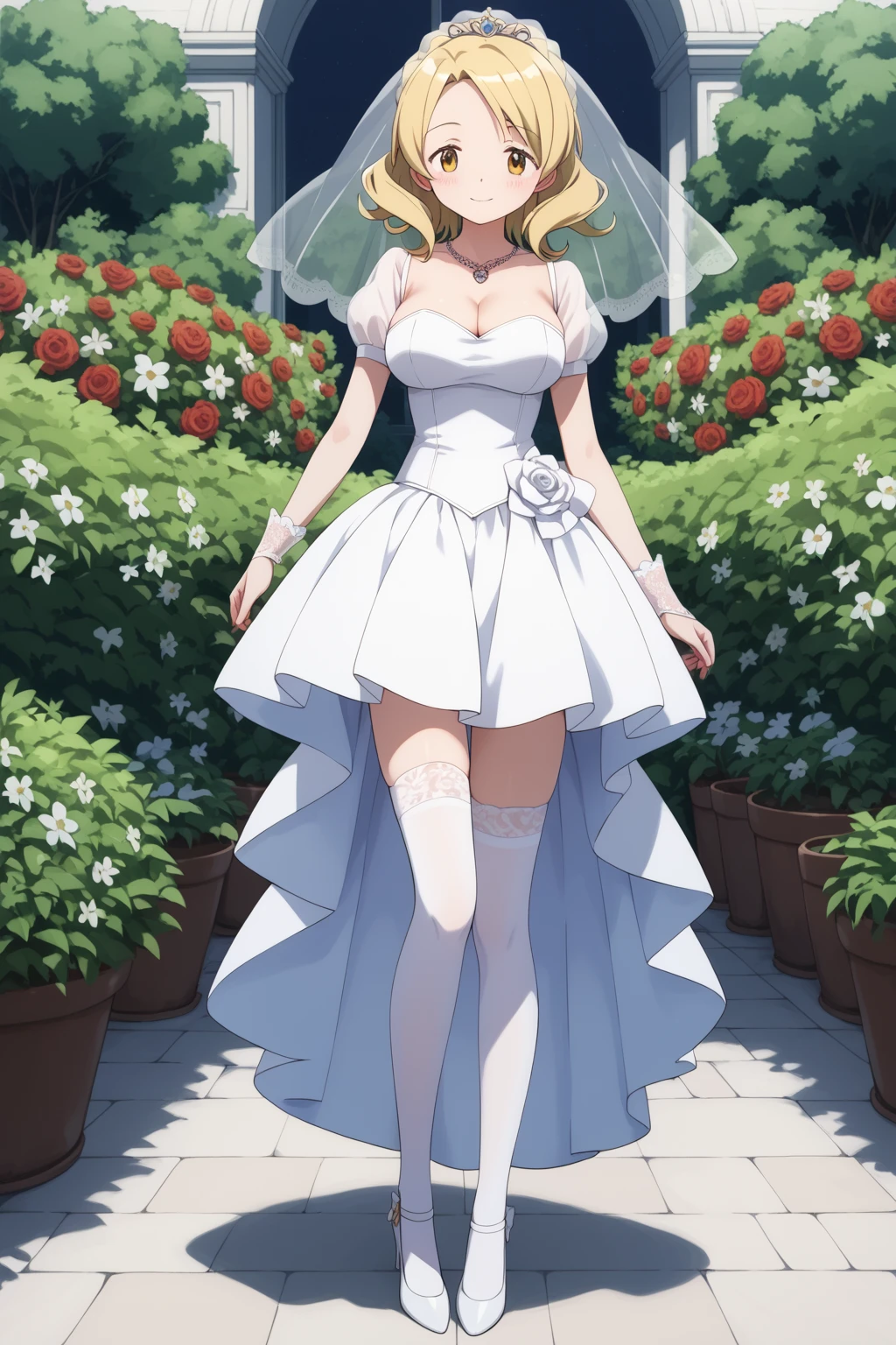 Anime - style image of a bride in a wedding dress walking in a garden ...
