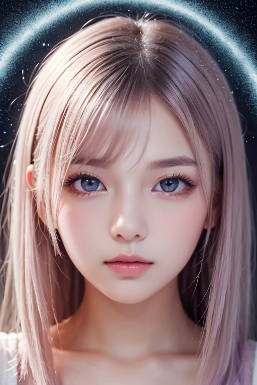((Masterpiece, best quality )),(Negative Space :1.4),( 1 girl, Alone:1.4),  beautiful eyes in every detail  , Floating Pastel Pink and Lavender Hair,  lavender eyes , At night, Starry Sky, Shining Star