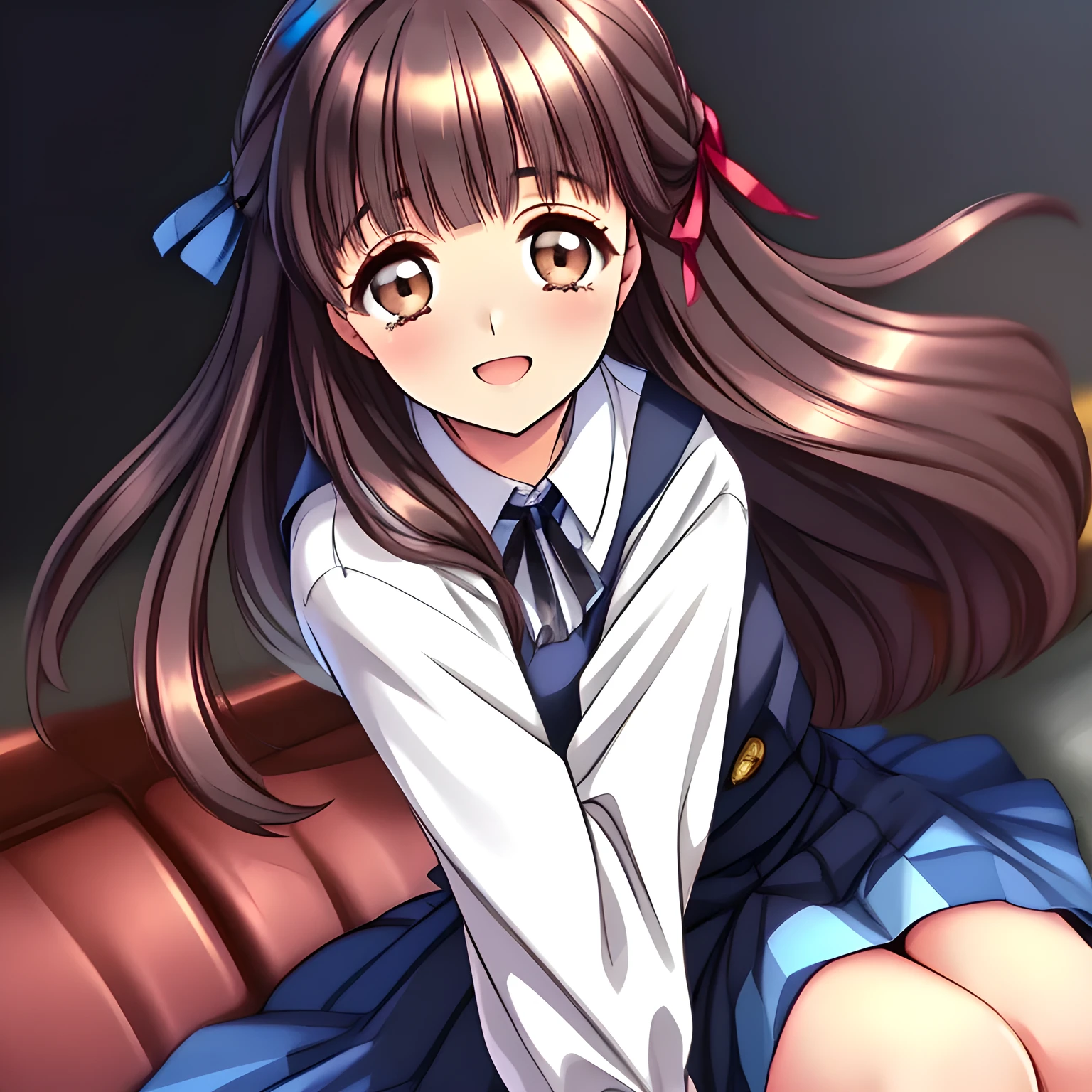 (highest quality, masterpiece:1.2), highest quality, High resolution, 1080p, 8K, (A 20yo beautiful pretty noble girl of (love-story comic heroines) is seated calmly on a train seat, hypnotizing me by their neat beauty, ((looking me up, and requesting me hug and kiss with highest laughter at the side)), (intelligent and perfectly balanced slender style), (long neck), neat & clean, lovely strong charm, cutely tilted head), (Too noble beautiful lady like a love-story comic heroine), (laughing), A very lovely, very noble, pretty and pure beautiful girls. ((neat innocent ears)), ((white grown face)), Using expensive whitening cosmetics by cosmetics artist: 1.2), Glossy lips, (curled) bangs, (Too beautiful blue fascinating shiny (double-lidded) (brown eyes) with love to the viewer, ((deep upper girly eyelid)), ((huge eye pupils)), laughing with detailed clearly: 1.5), (((Dark blue vest school uniform)), (Neat smart (white school blouse))): 1.8), (A very neat, ((realistic), (dark-blue) pleated blue school (beautifully checkered) skirt): 1.6), (too pretty shiny big (red realistic school ribbon tie)): 1.5), (Shiny love-story heroine lips, extremely laughing open mouth: 1.0), ((amazingly beautiful black bobbed wavy hair is blowing in the wind: 1.5)), (Hair Ribbon ties (black hair), The ribbon is big and very pretty), (Tight waist, slender: 1.5), (The background is (plain black space) to emphasize their fascination: 1.8), (The lady knows well about the viewer's super fetishism for school uniforms, and satisfies it completely in the viewer's lewd dream: 1.7), (Gorgeous atmosphere In a train limited for beautiful girls bound for girl's school directly early in the morning: 1.5), (Everything is organized to have strong effect of hypnosis for the viewer to fall into happy dream with many beautiful girls: 1.5), (The viewer must be transferred to the world of only beautiful girls right now when he sees the eyes of girls in this picture: 2)