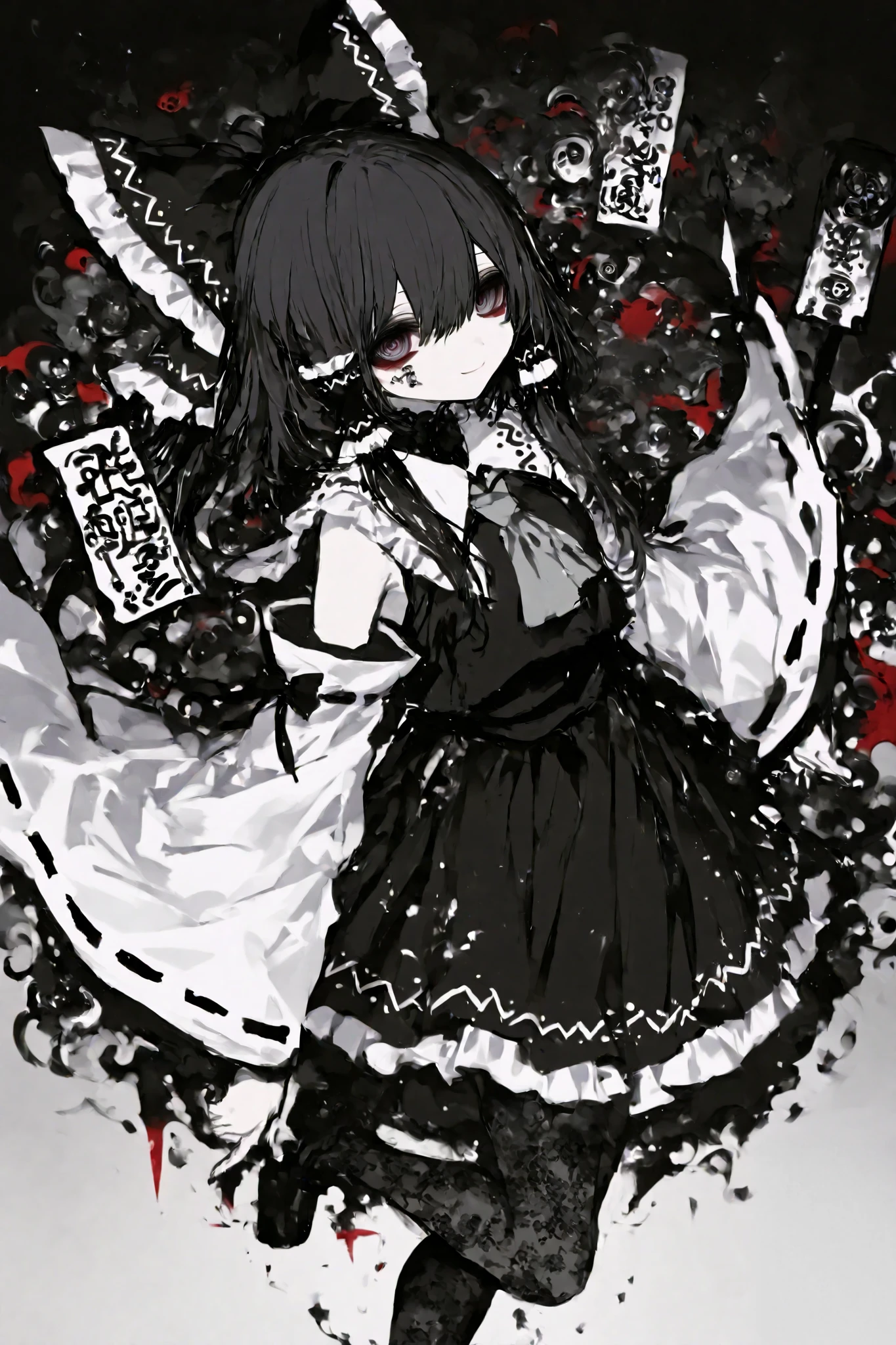 General,Komeshiro Kasu style, r17329_illu,usnr,dark gothic,Cute 1girl\(hakurei reimu,cyan eyes,light smile\),(dynamic pose:0.25) ,fullbody, ultra-realistic rendering, focusing on the character's facial expression and outfit details, masterpiece quality in 8k resolution