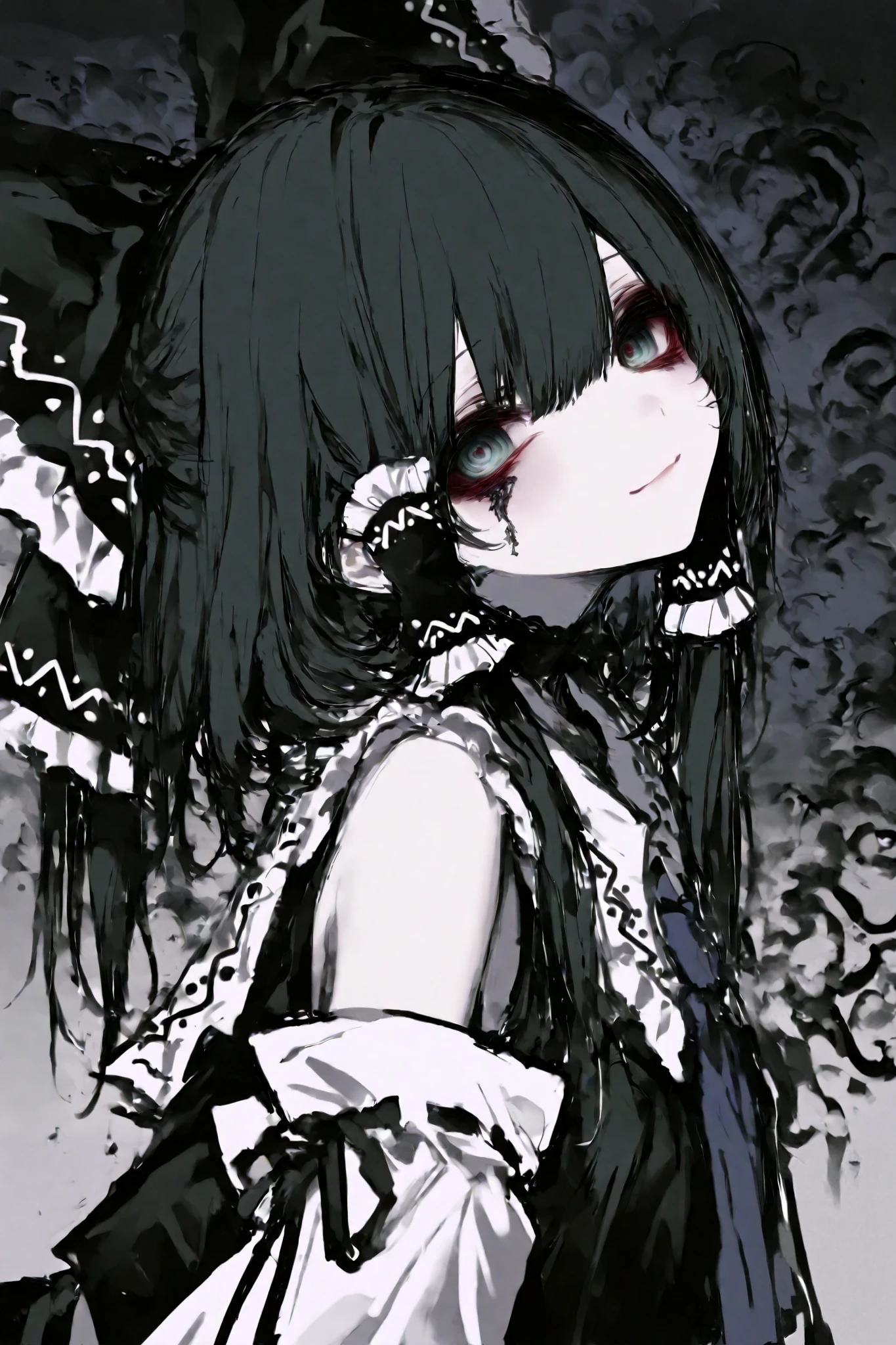 General,Komeshiro Kasu style, r17329_illu,usnr,dark gothic,Cute 1girl\(hakurei reimu,cyan eyes,light smile\),(dynamic pose:0.25) ,upper body, ultra-realistic rendering, focusing on the character's facial expression and outfit details, masterpiece quality in 8k resolution