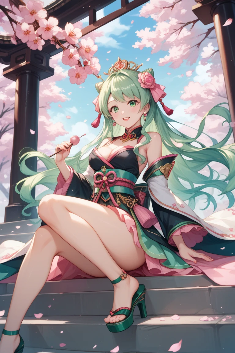pink green hair,Chinese Spring and Autumn Warring States period costumes,Beauty in period costume,Beautiful hair accessories,Summer clothing with tulle texture,Bare shoulders,show legs,low chest,She wears beautiful classical women's shoes on her feet,beside a river,full bodyesbian,Flowing costumes,Half yarn,Happy smile