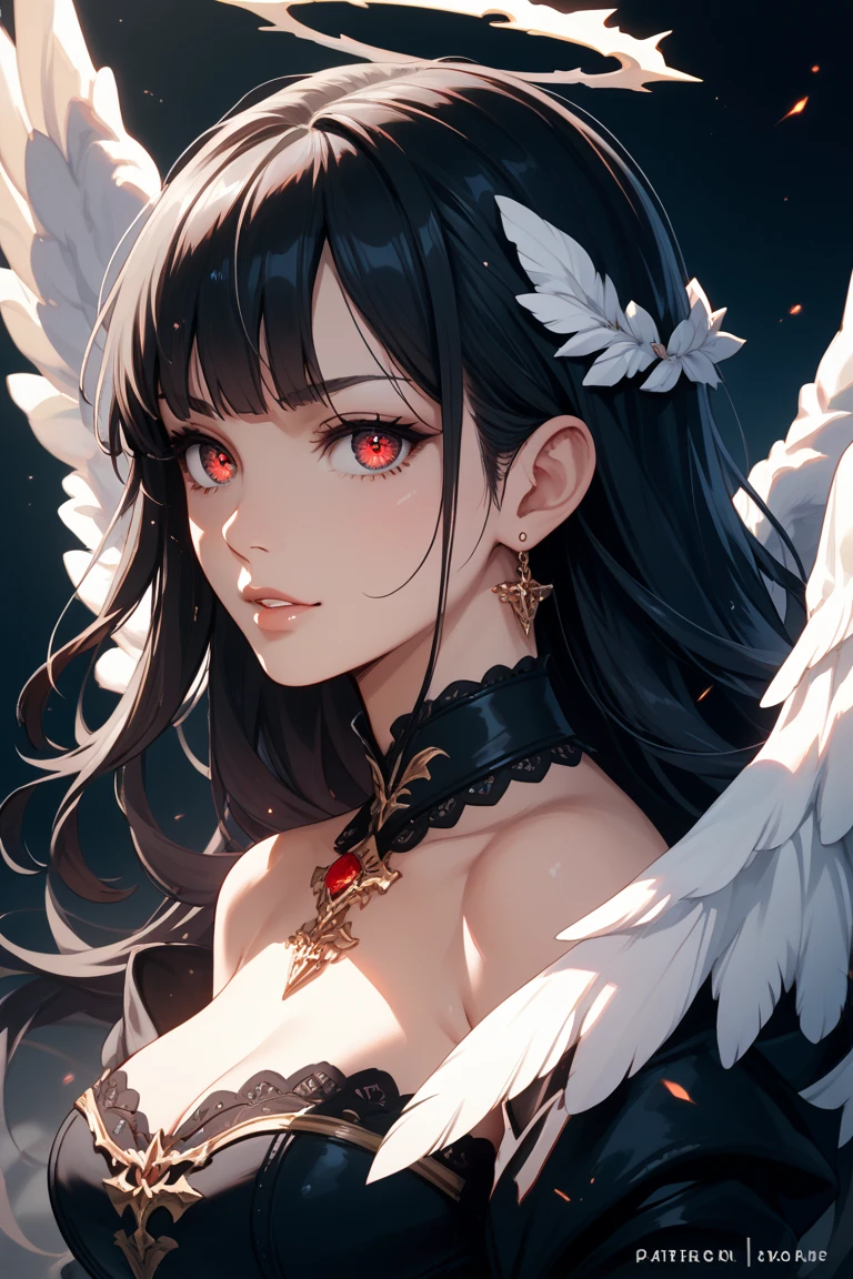 black、White、Blue and Red,(best quality, Extremely detailed, high resolution, Extremely detailed的 CG),Angel,She is beautiful,Black Trench Coat, (Big Breasts 1.2), Curvy beauty, (Mature woman),(Black windbreaker:1.2)