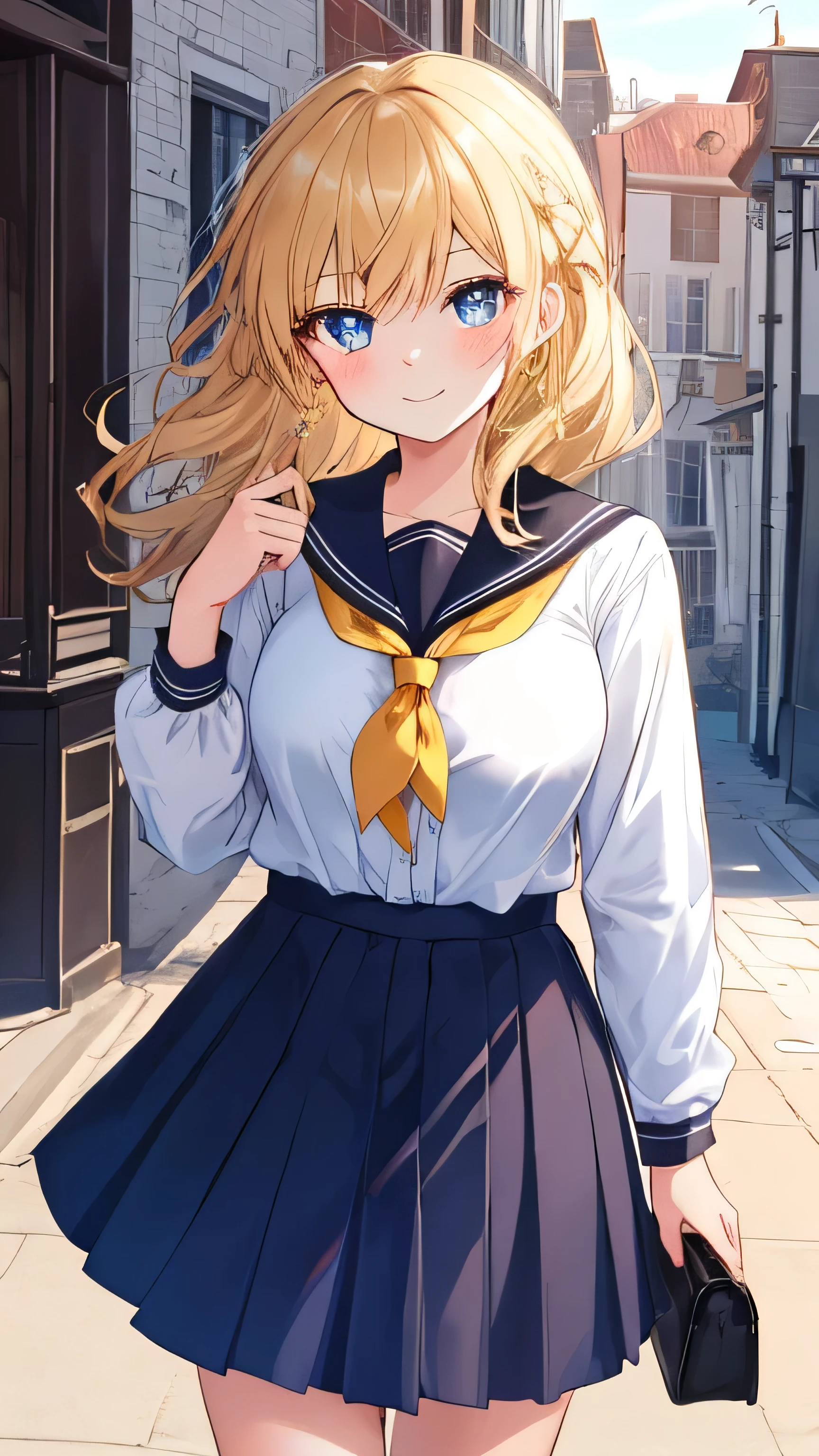 Masterpiece, Best Quality, Top Quality, Very Detailed, A charming schoolgirl with golden hair, dressed in a stylish uniform, radiating warmth and confidence. She stands gracefully, her bright eyes filled with determination, as sunlight gently highlights her elegant form.