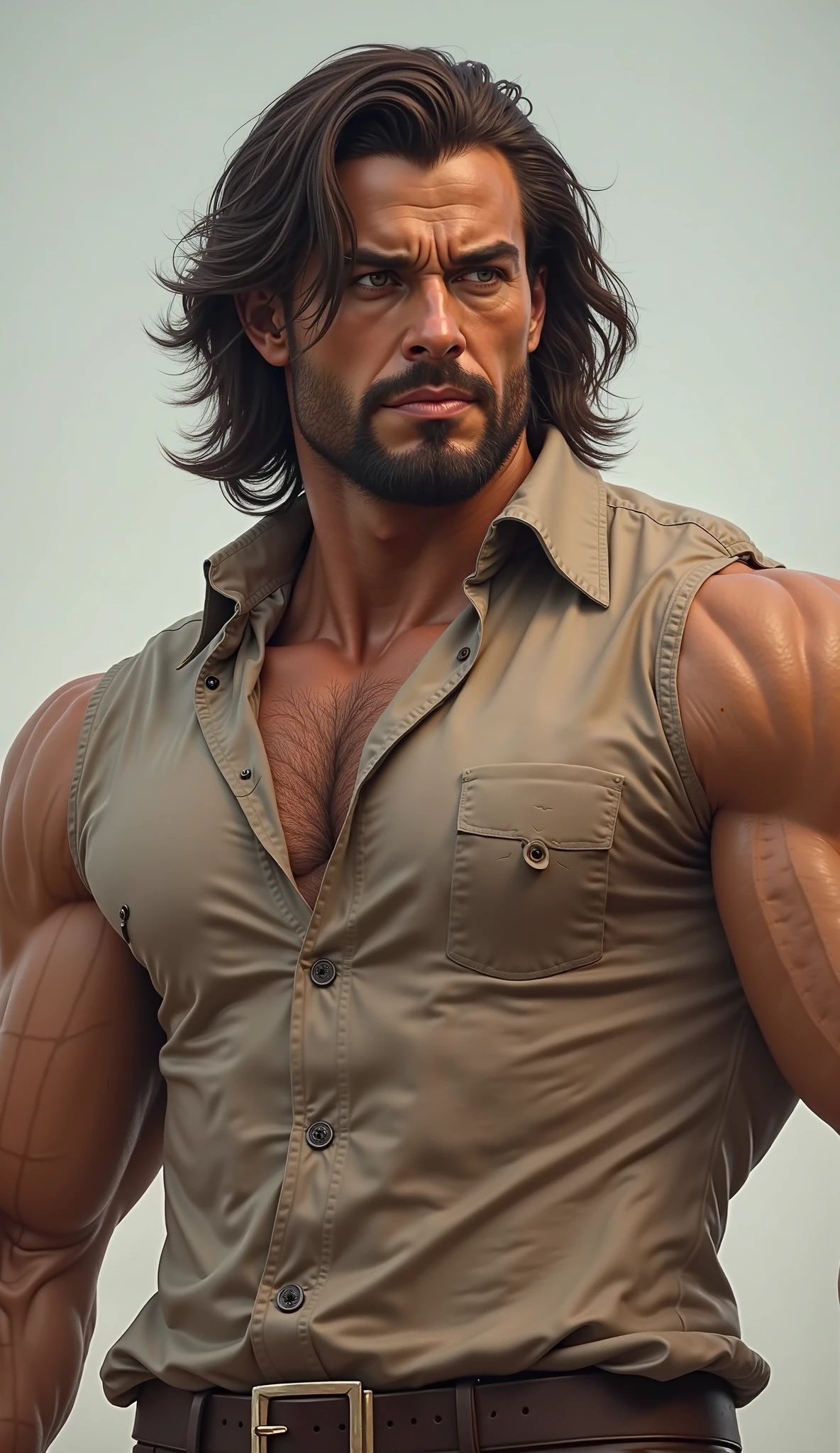 Brown wavy hair muscled man with brown eyes wearing black pants standing in the street closed mouth focusing